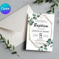 Editable Minimalist Greenery Baptism Invitation Template, Christening Invite, Religious Cross, Printable Baptism, Greenery Baptism Invite