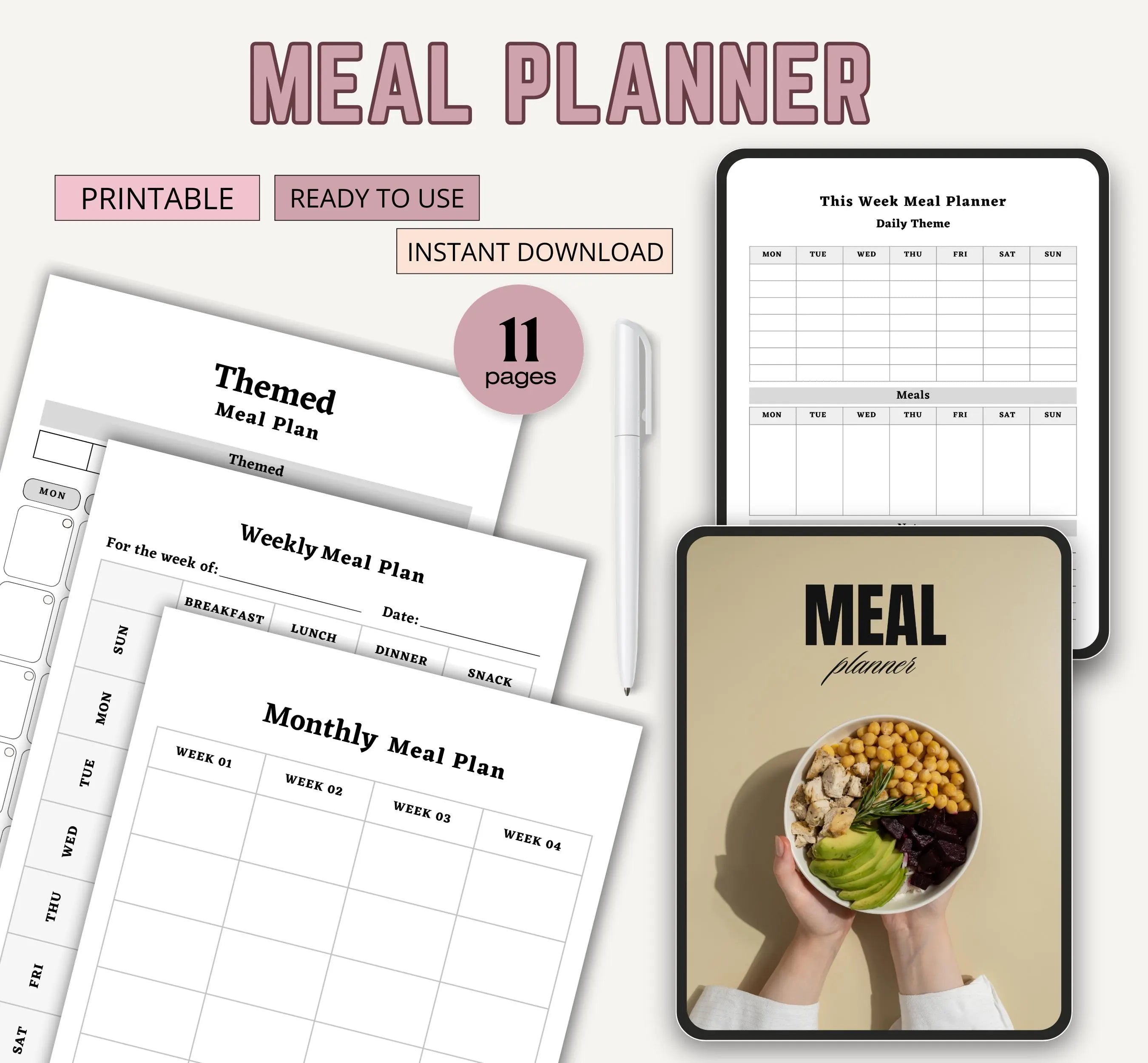 Printable Meal Planner, Weekly Meal Planner Printable Template, 7 Day Menu Plan, Food Planner, Health & Fitness Plan, Instant Download