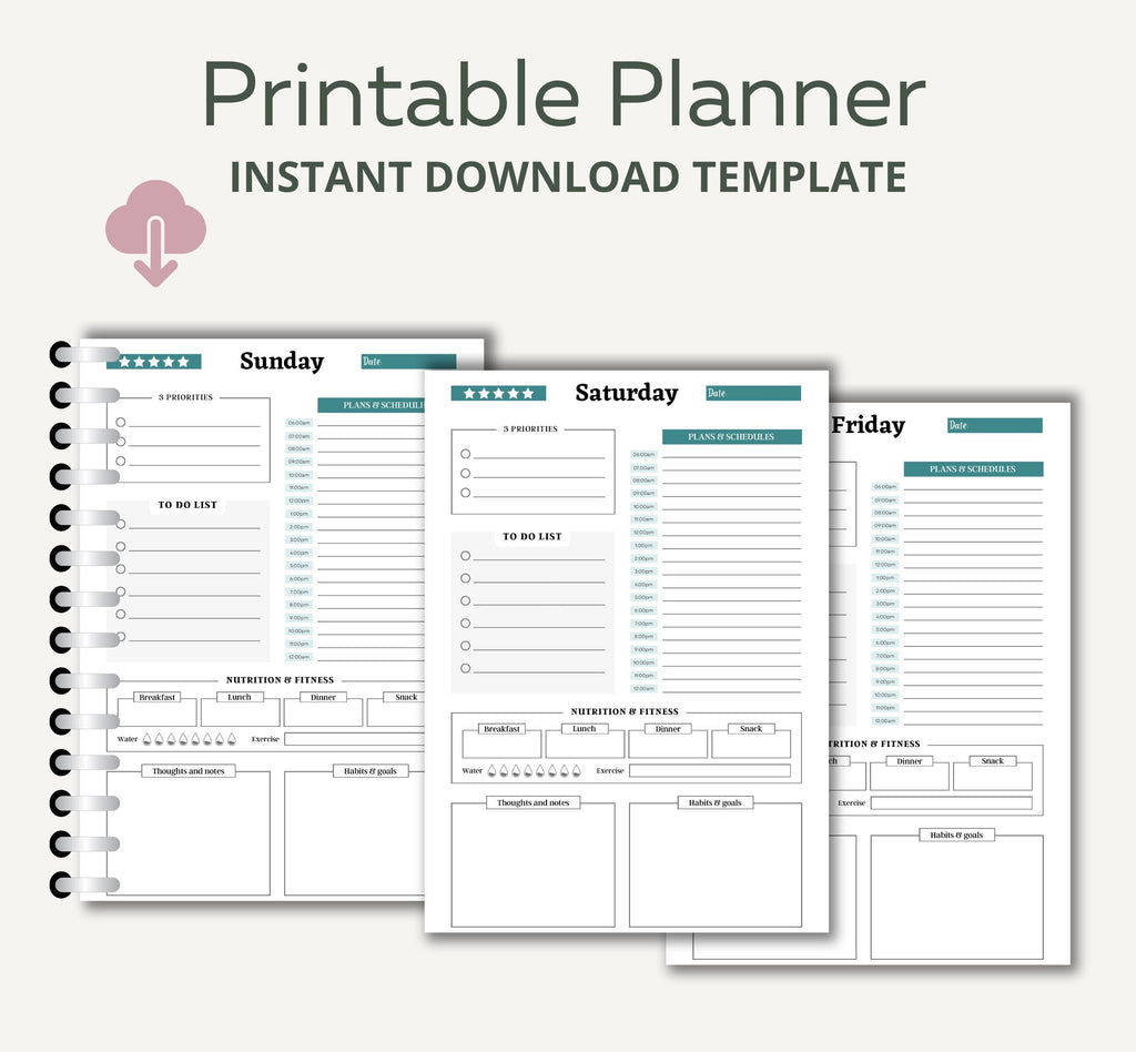 Daily Planner 2025 Printable, Daily Workout Log, Meal Tracker, Printable Daily, Weekly, Monthly Planner, Instant Download Planner Template