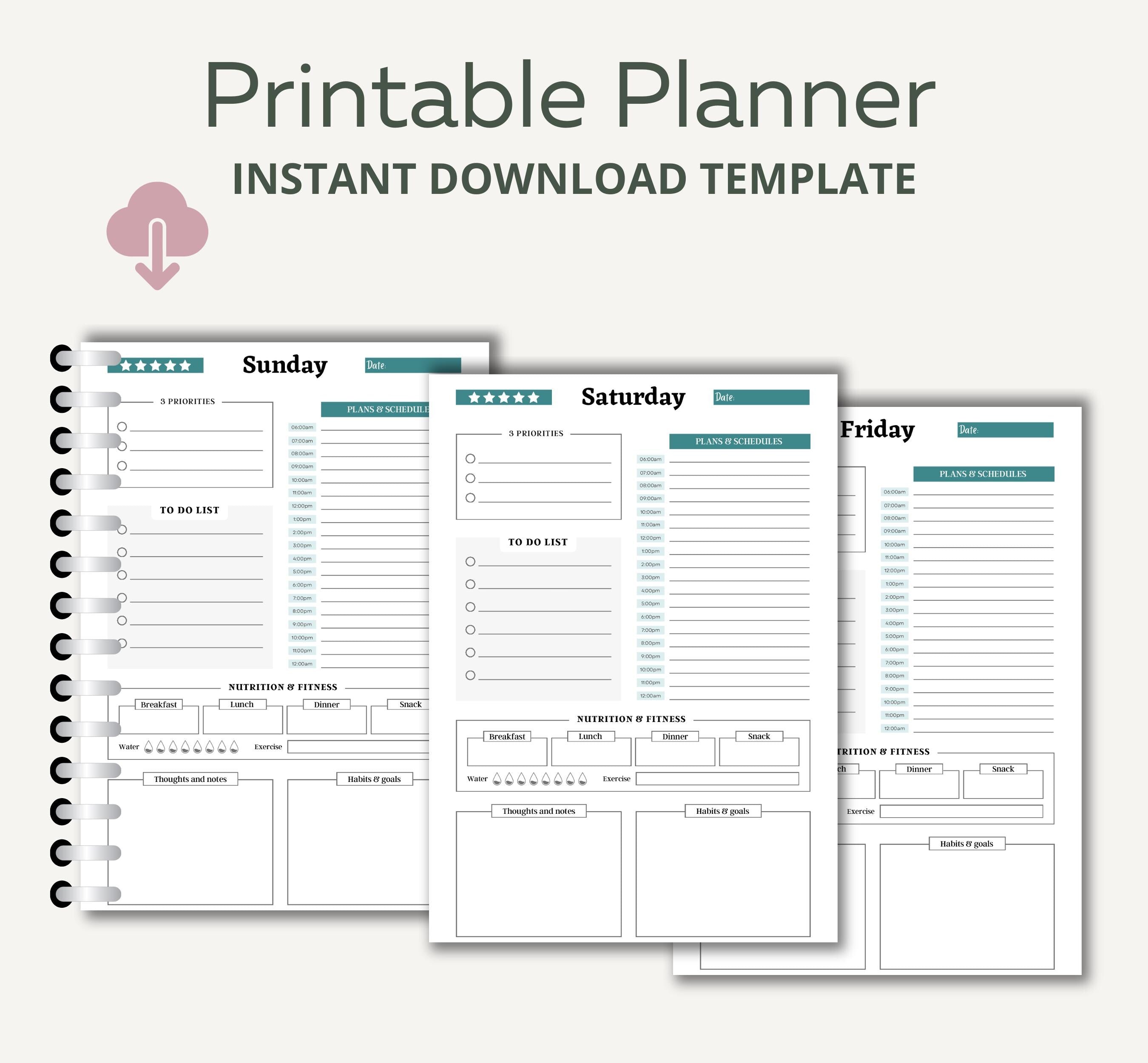 Daily Planner 2025 Printable, Daily Workout Log, Meal Tracker, Printable Daily, Weekly, Monthly Planner, Instant Download Planner Template