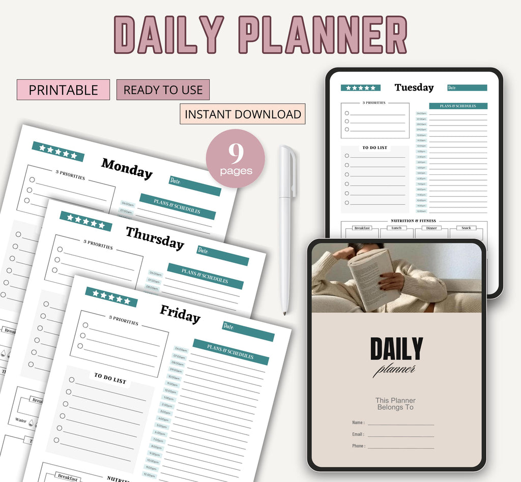 Daily Planner 2025 Printable, Daily Workout Log, Meal Tracker, Printable Daily, Weekly, Monthly Planner, Instant Download Planner Template
