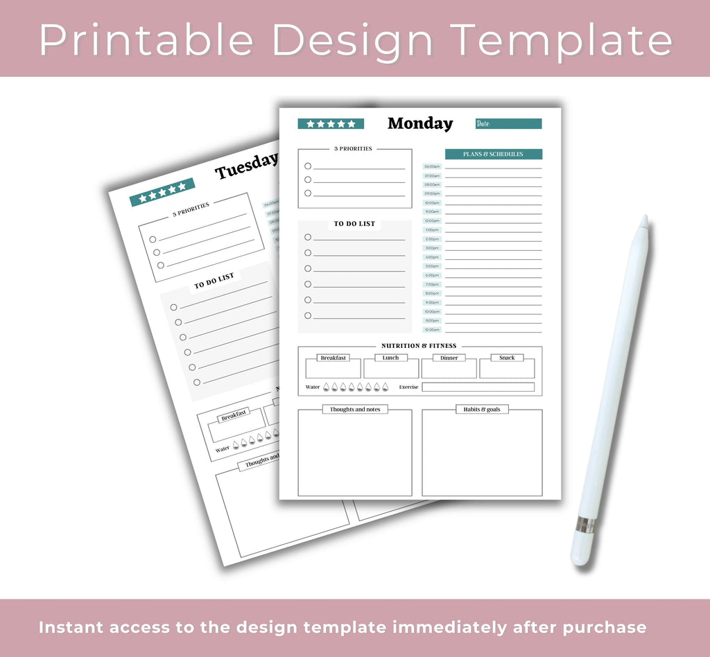 Daily Planner 2025 Printable, Daily Workout Log, Meal Tracker, Printable Daily, Weekly, Monthly Planner, Instant Download Planner Template