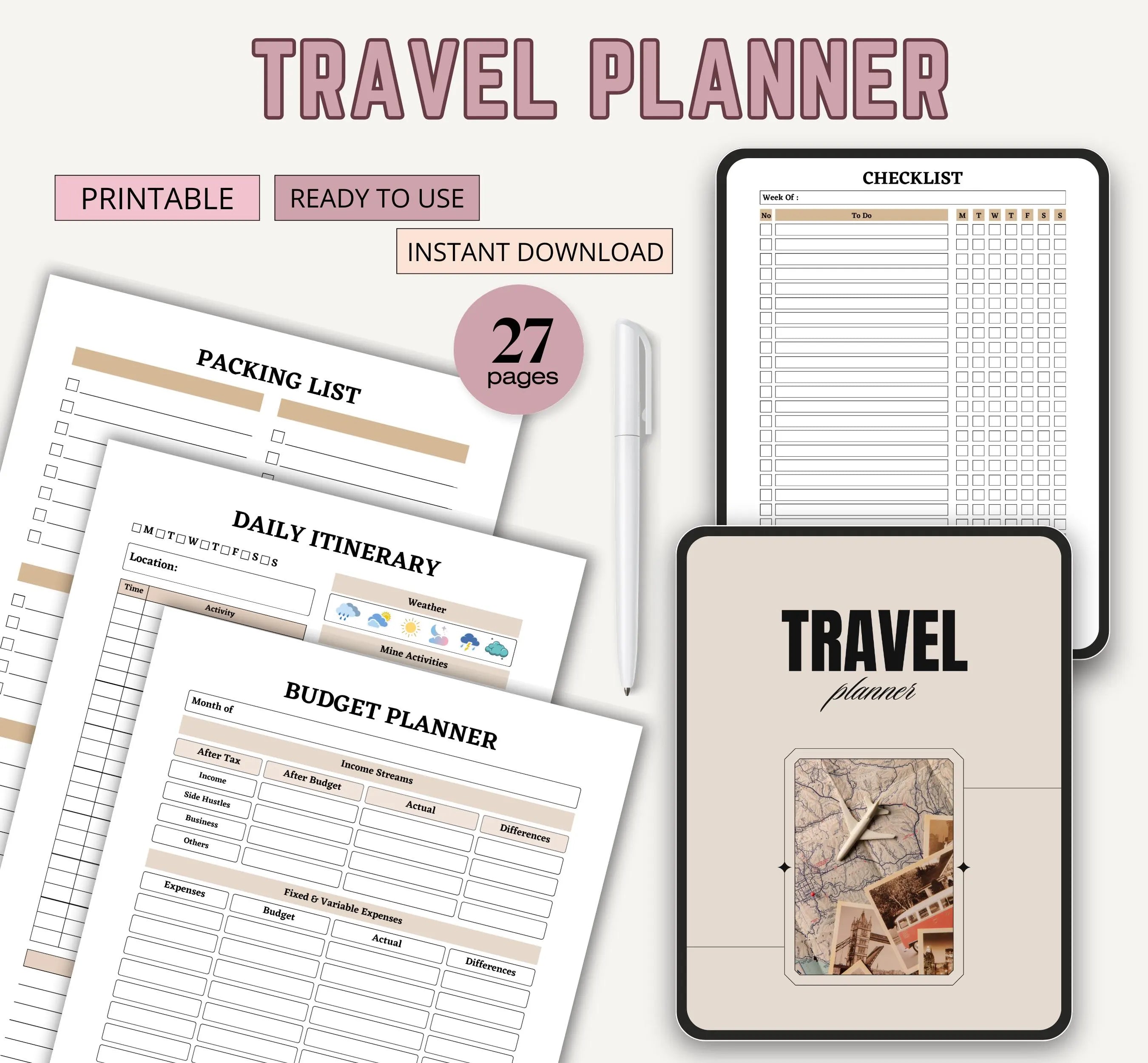 Travel Planner Template, Trip Itinerary Printable Travel Guide, Travel Agent Planner, Holiday Honeymoon Vacation Planner, Travel Organizer