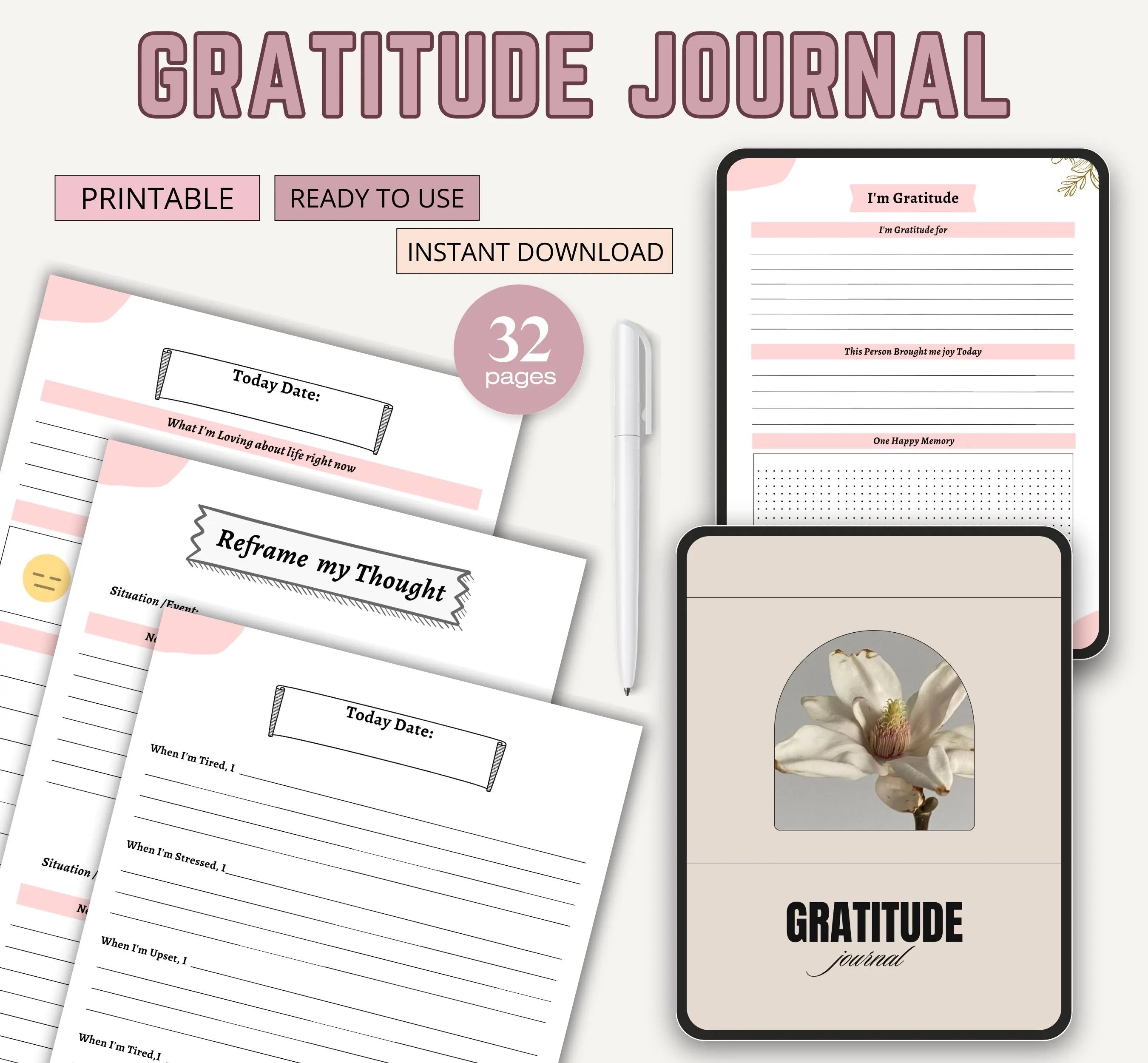 Printable Gratitude Journal, Mindfulness Wellness and Habit Tracker, Gratitude Journal, Daily Gratitude Reflection Journal, Instant Download