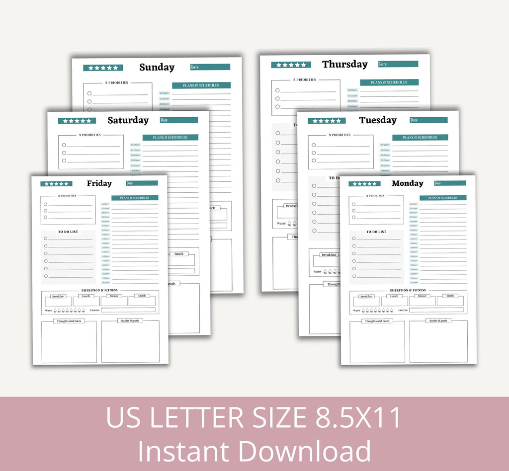 Daily Planner 2025 Printable, Daily Workout Log, Meal Tracker, Printable Daily, Weekly, Monthly Planner, Instant Download Planner Template