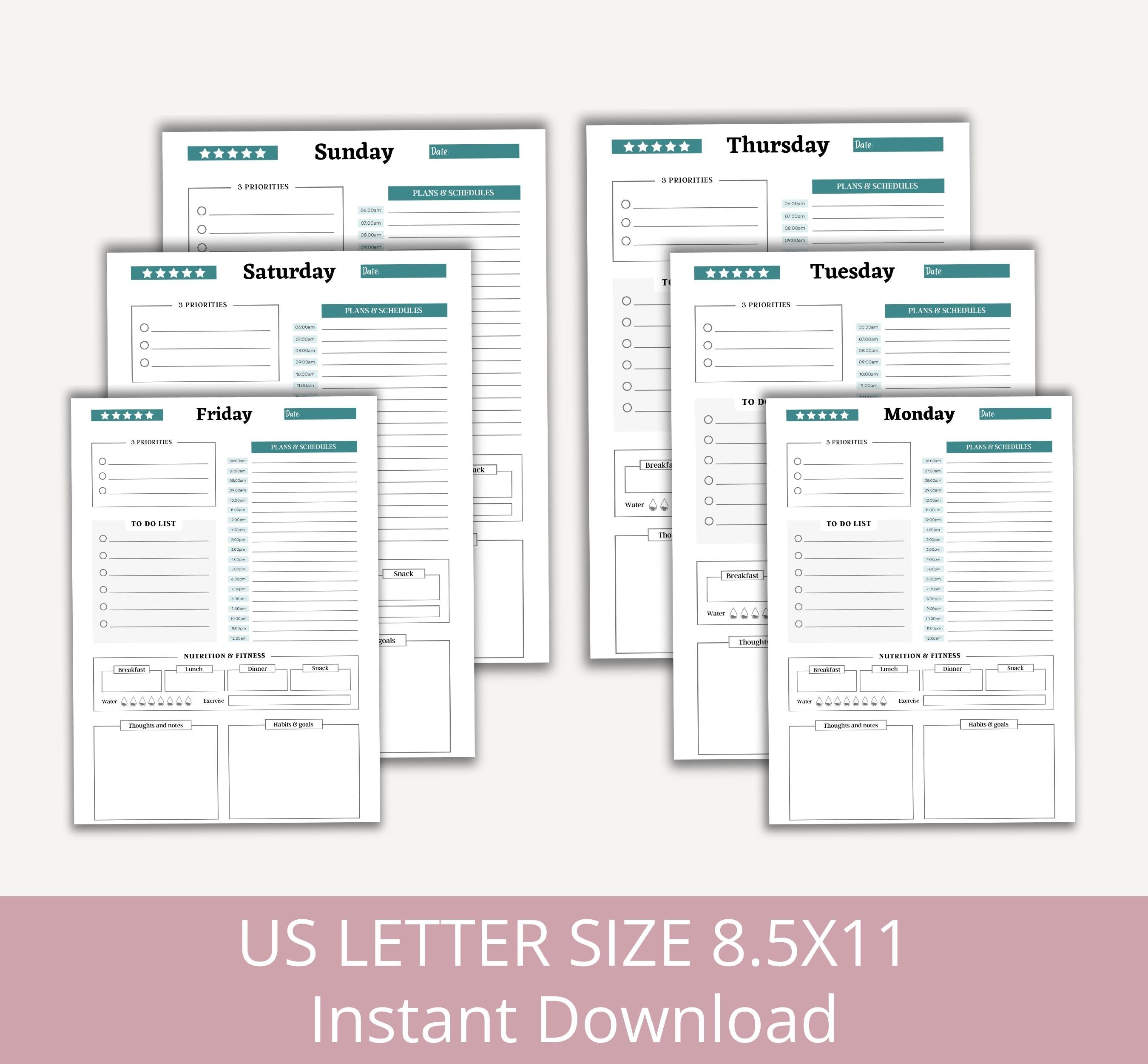 Daily Planner 2025 Printable, Daily Workout Log, Meal Tracker, Printable Daily, Weekly, Monthly Planner, Instant Download Planner Template