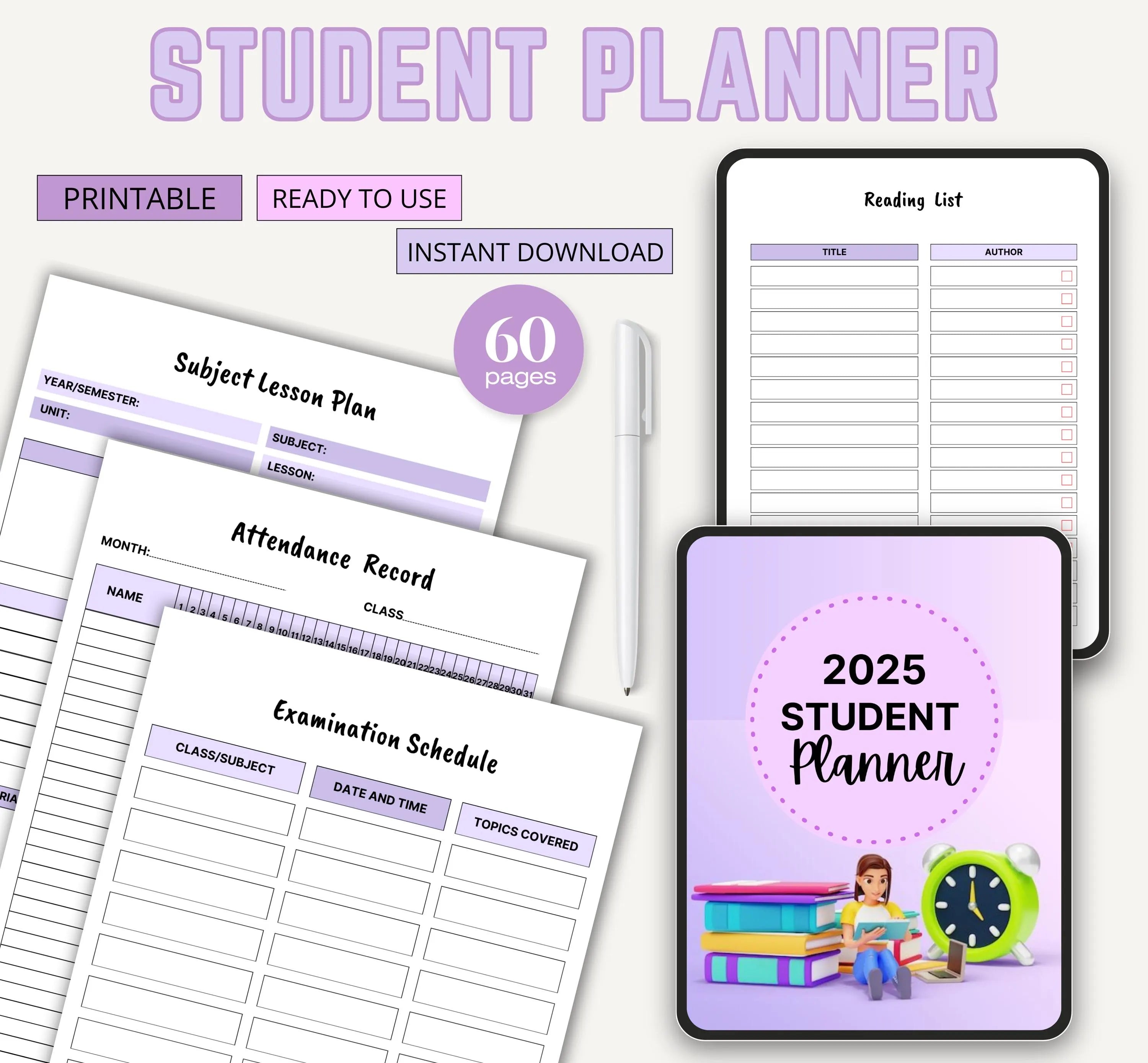 Printable Student Planner Template, Academic Student Planner, College School Planner, Student Academic Organizer, Reading Planner Template