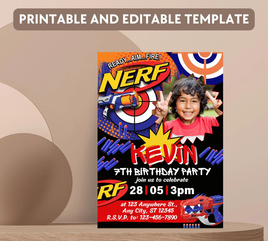 Kids Editable Nerf Birthday Invitation Template Printable Birthday Nerf Party Invitation Digital Kids Party Invite Nerf Party Template Evite