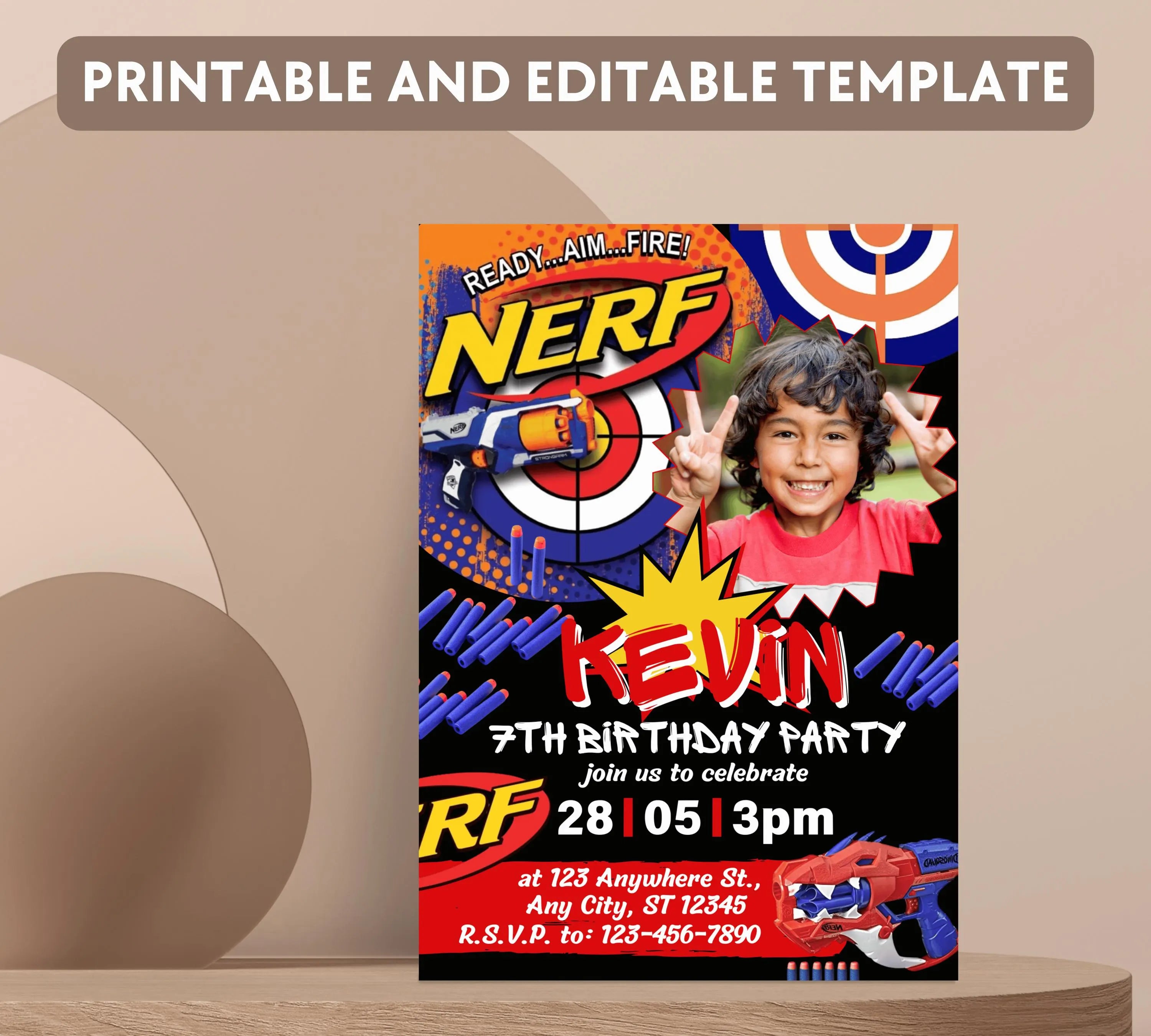 Kids Editable Nerf Birthday Invitation Template Printable Birthday Nerf Party Invitation Digital Kids Party Invite Nerf Party Template Evite