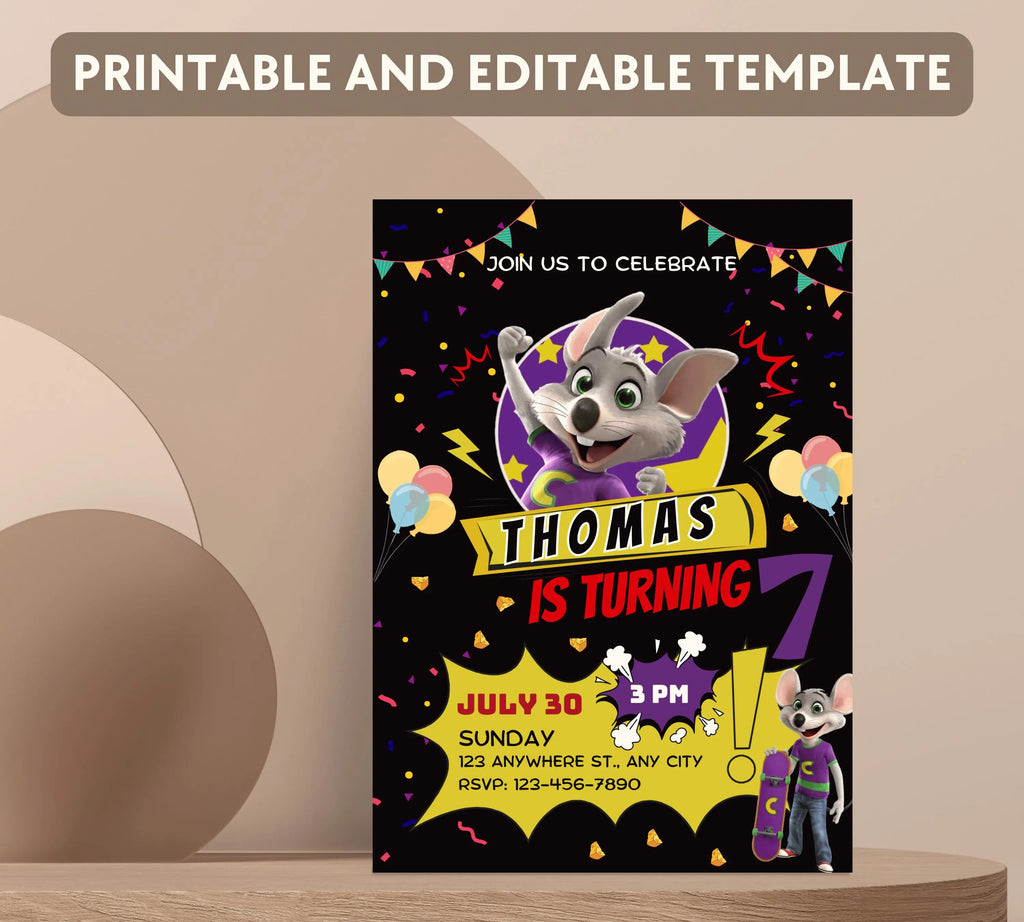 Editable Chuck E Cheese Birthday Invitation Template Chuck Invite Printable Chuck Cheese Party Invite Editable Digital Kids Party Invitation
