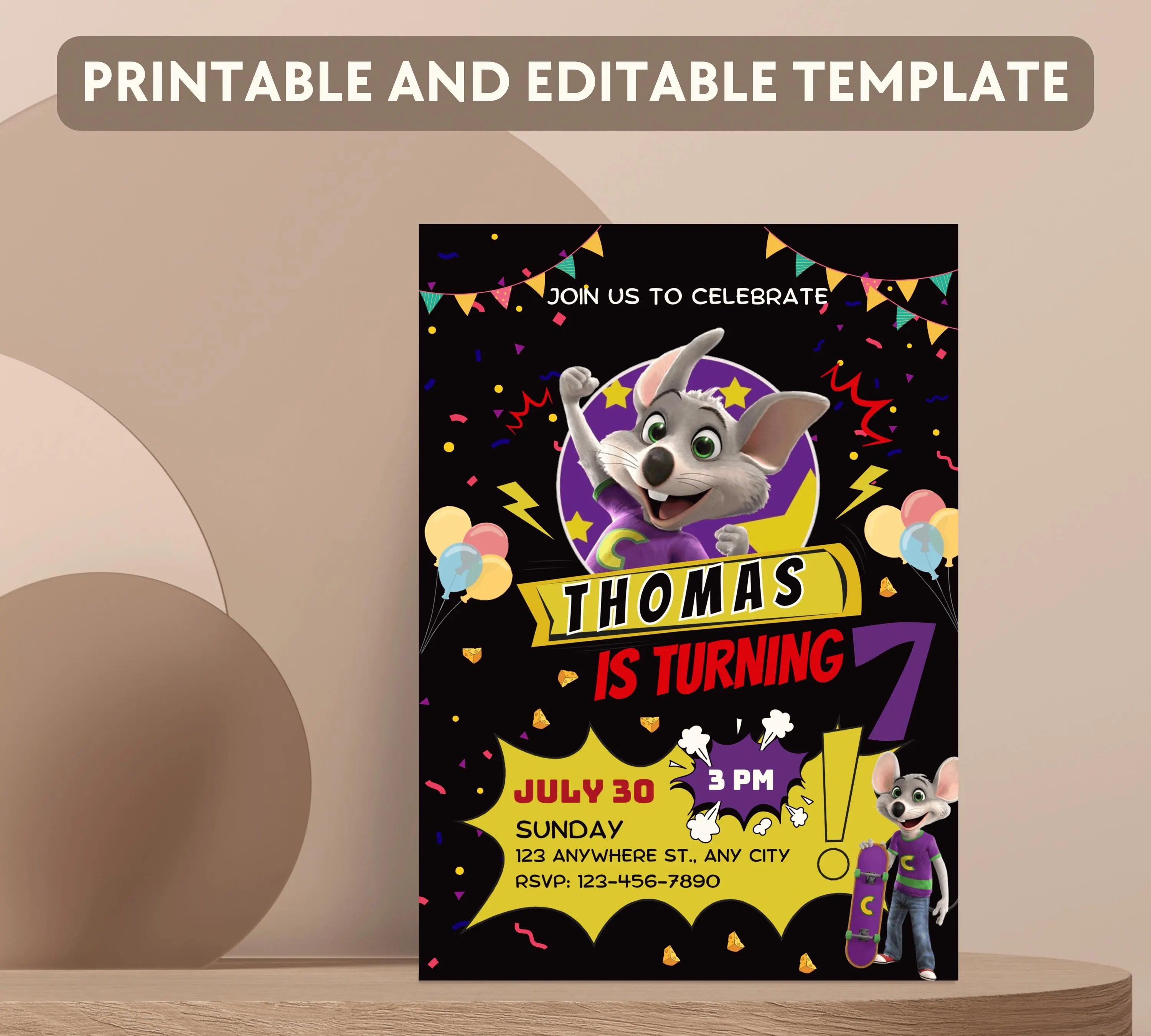Editable Chuck E Cheese Birthday Invitation Template Chuck Invite Printable Chuck Cheese Party Invite Editable Digital Kids Party Invitation