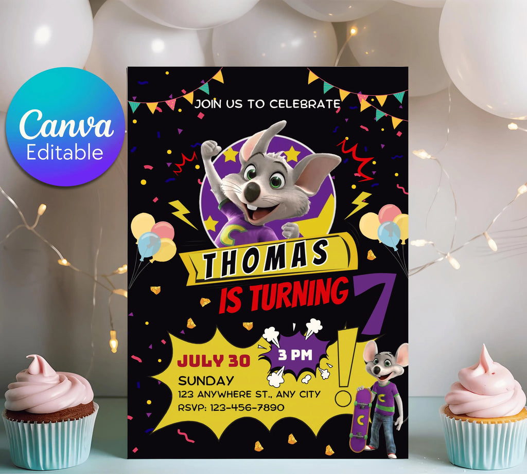 Editable Chuck E Cheese Birthday Invitation Template Chuck Invite Printable Chuck Cheese Party Invite Editable Digital Kids Party Invitation