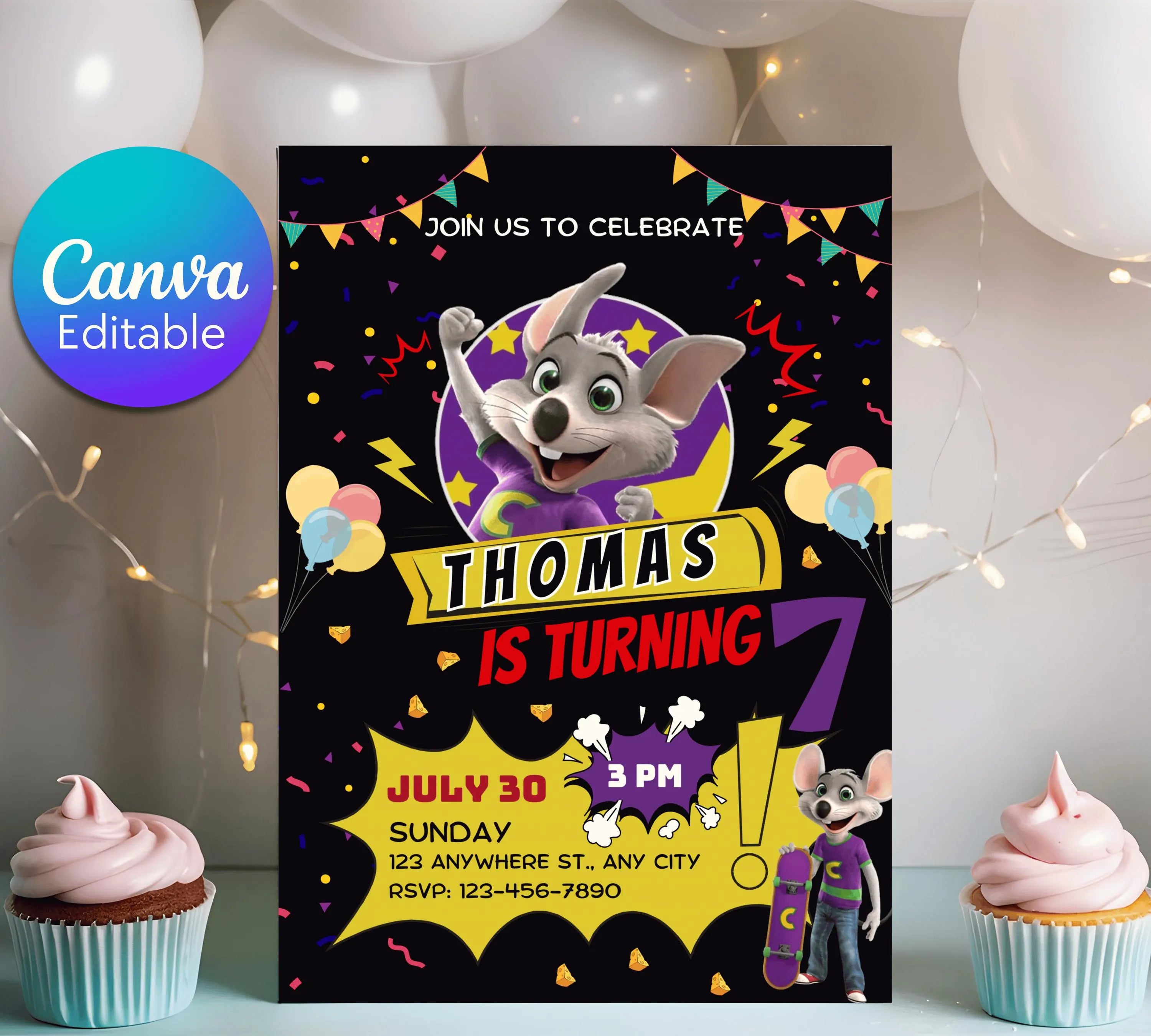 Editable Chuck E Cheese Birthday Invitation Template Chuck Invite Printable Chuck Cheese Party Invite Editable Digital Kids Party Invitation