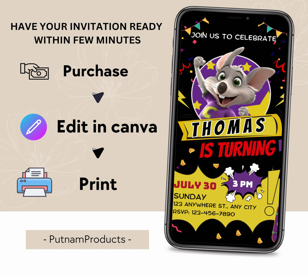 Editable Chuck E Cheese Birthday Invitation Template Chuck Invite Printable Chuck Cheese Party Invite Editable Digital Kids Party Invitation