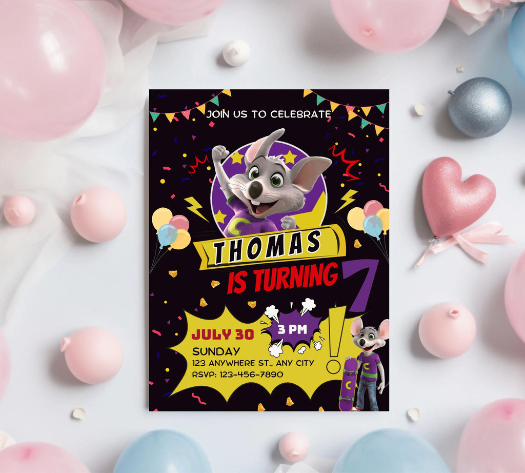 Editable Chuck E Cheese Birthday Invitation Template Chuck Invite Printable Chuck Cheese Party Invite Editable Digital Kids Party Invitation