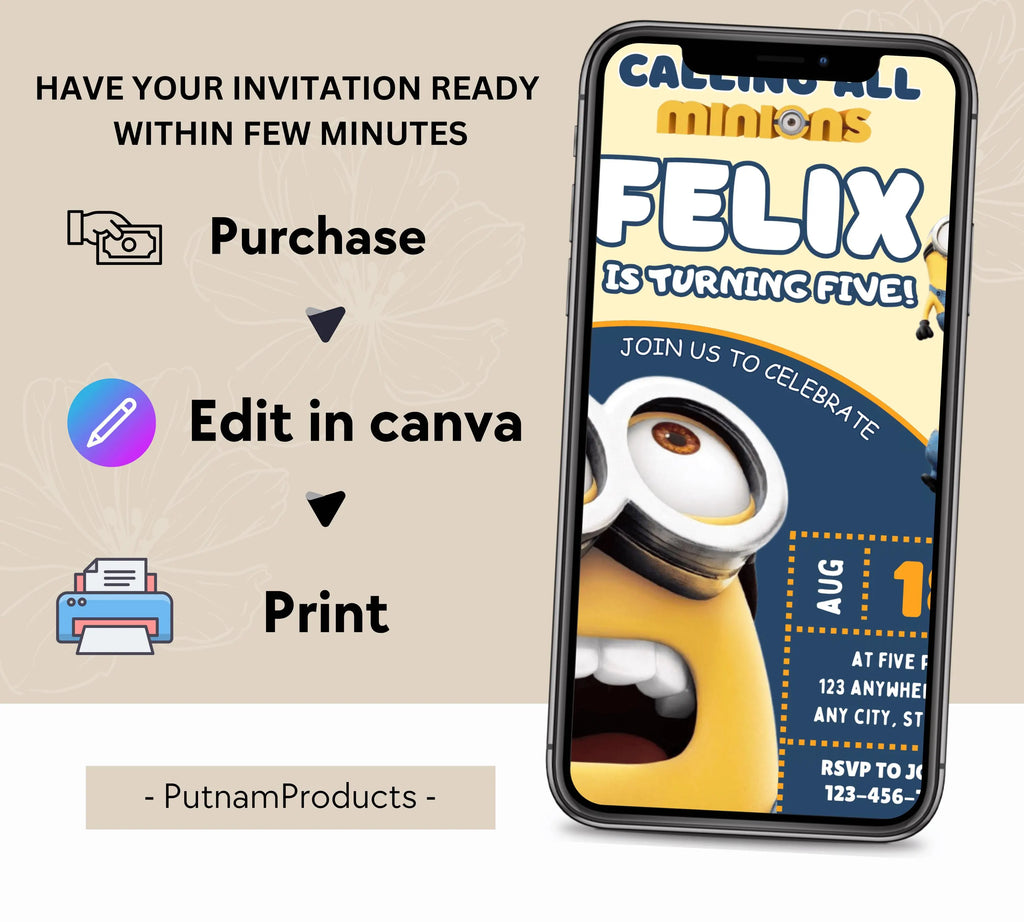 Printable Minion kid birthday party invitation template Boy birthday party invite Minion themed any age Digital Kids Party Invite Template