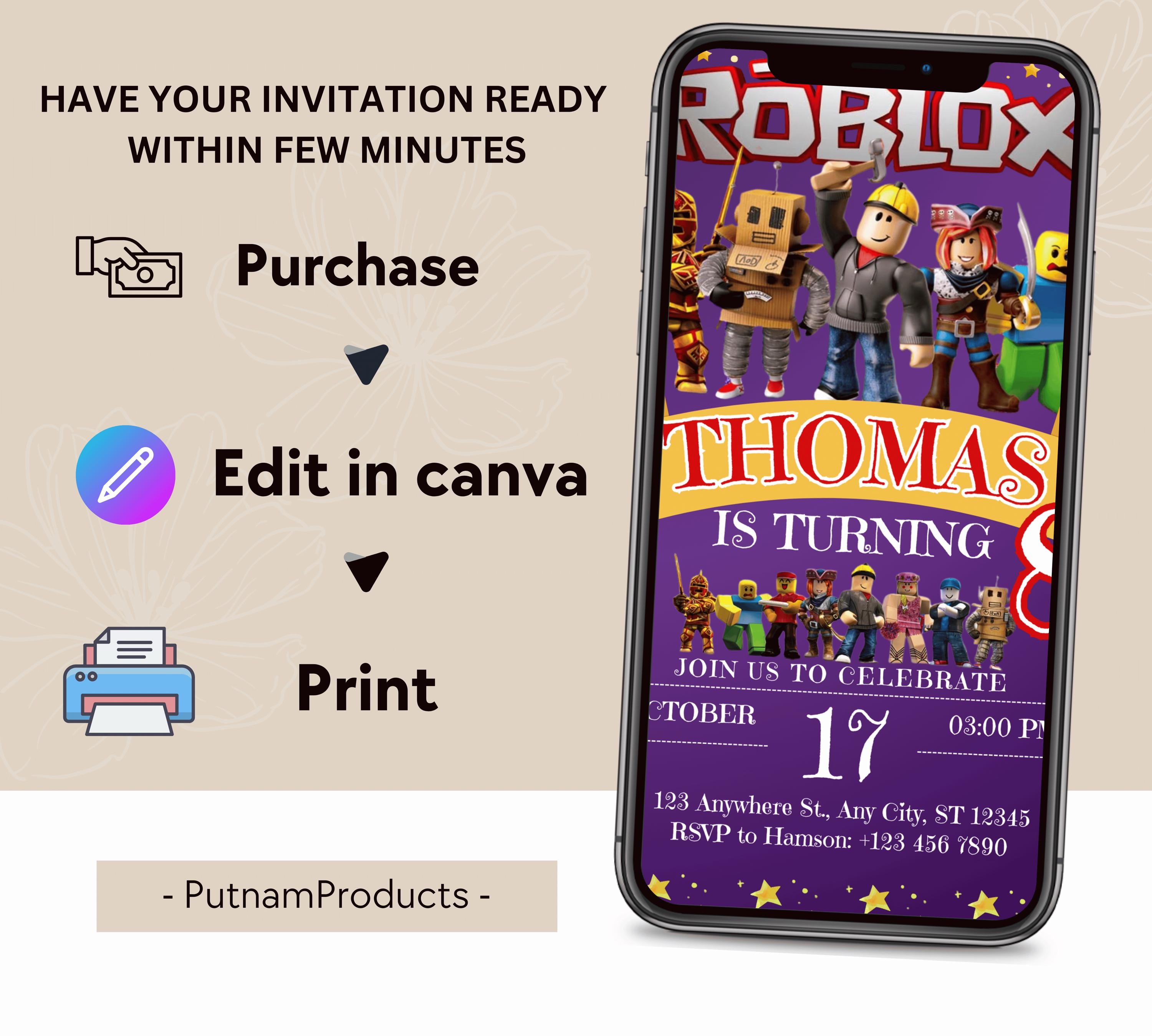 Editable Roblox Invitation Roblox Invite Game Party Roblox Boys Birthday Invitation Template Game Birthday Kid Roblox Roblox Invite Template