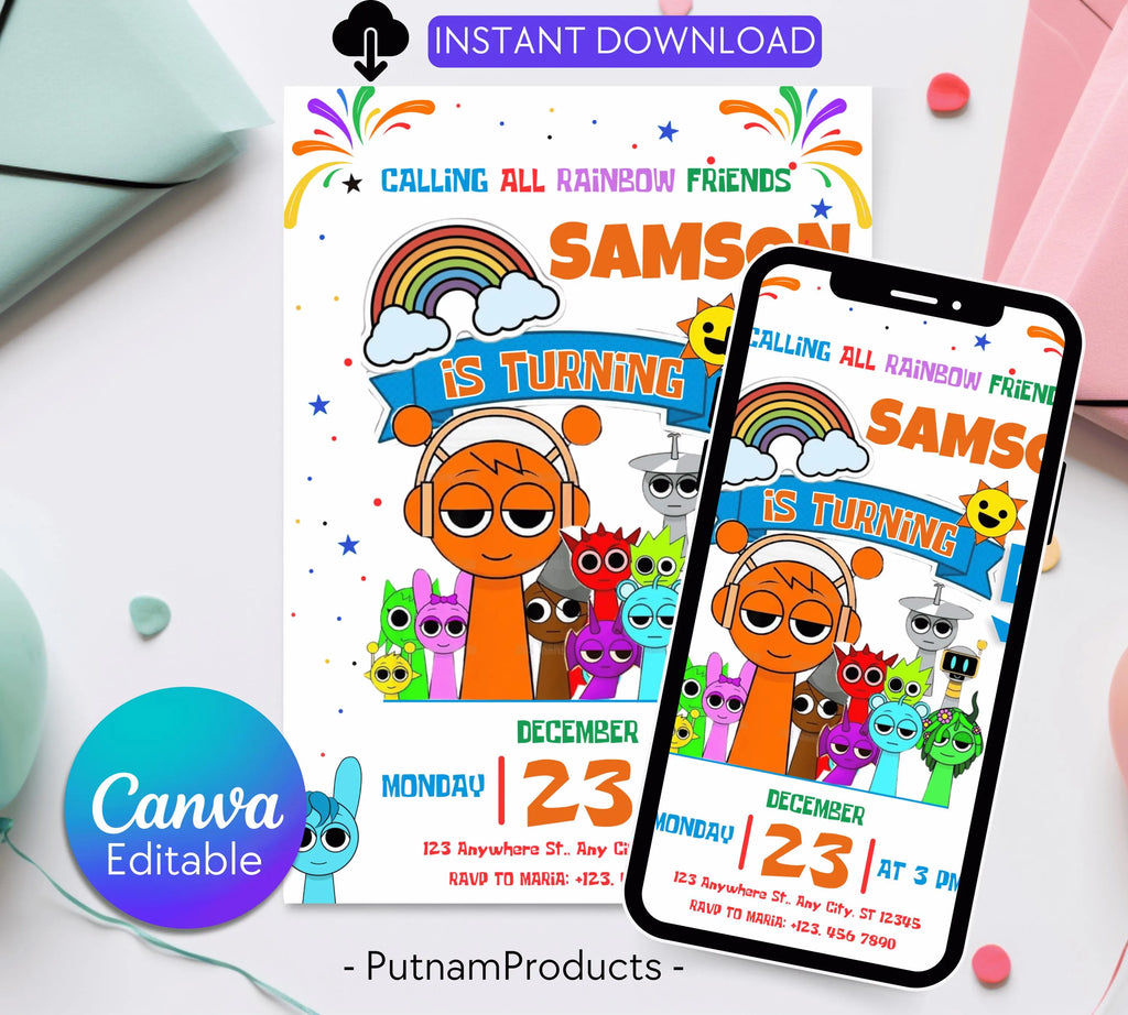 Editable Rainbow Friends Birthday Invitation, Rainbow Birthday Invite Rainbow, Birthday Invite, Rainbow Friends Birthday Invitations