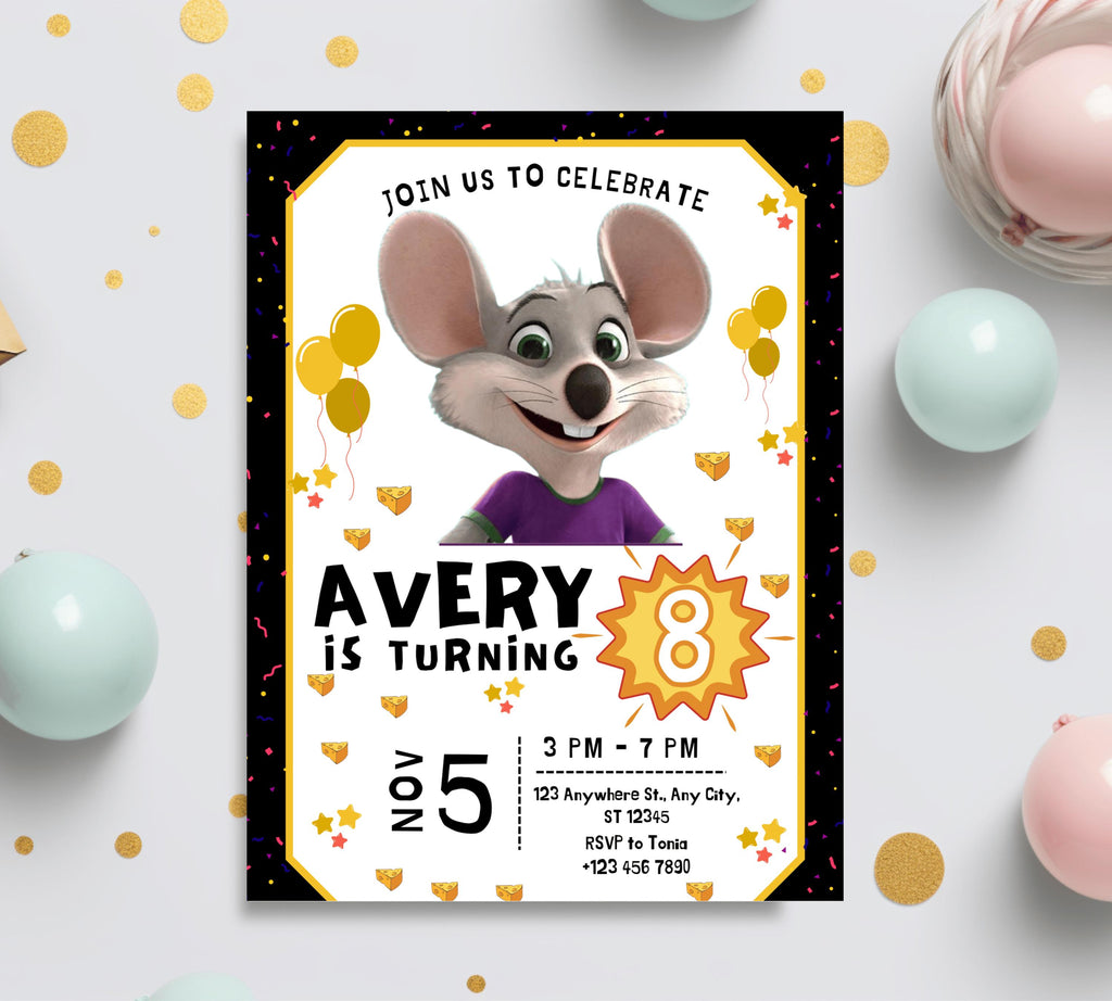 Editable Chuck E Cheese Birthday Invitation Template, Chuck Evite Printable Chuck E Cheese Party Invite, Editable in Canva Invite Template