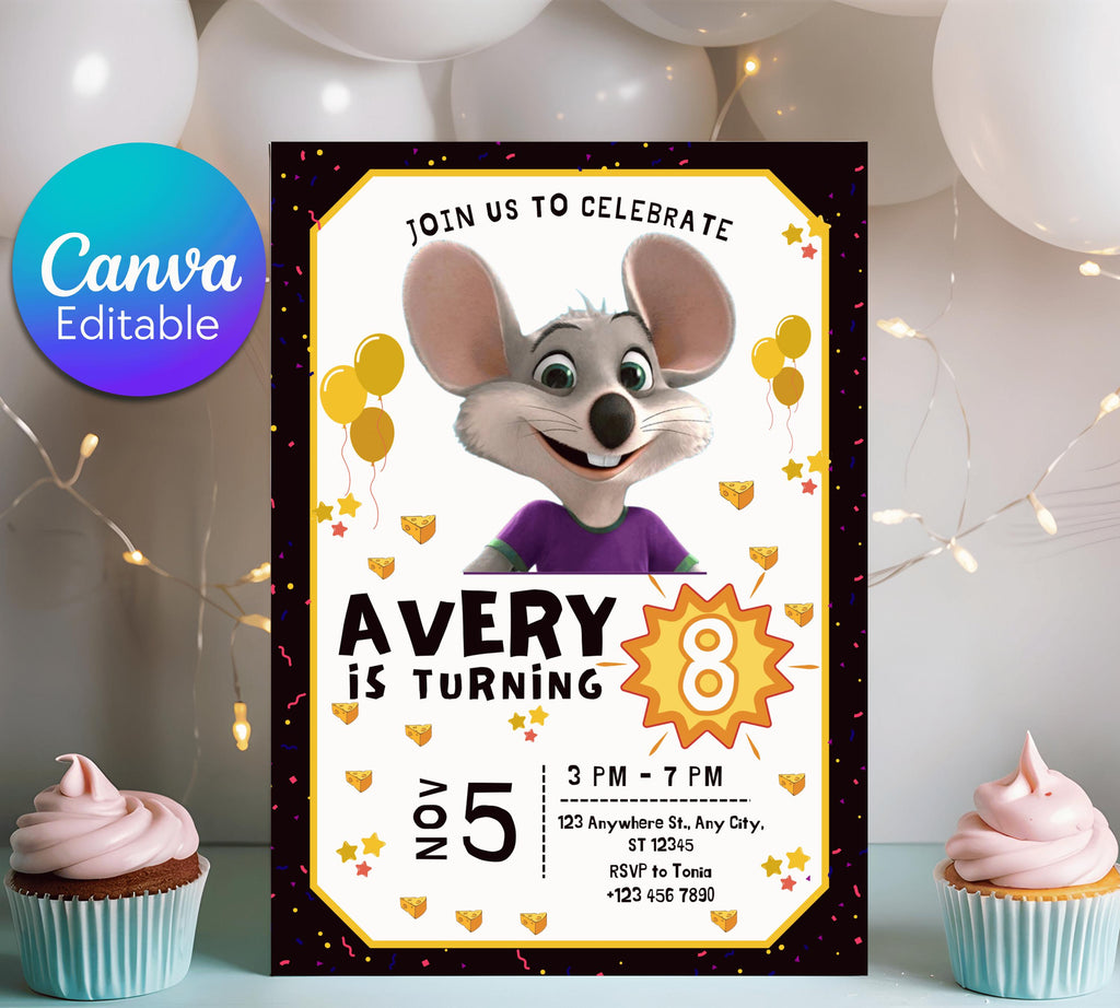 Editable Chuck E Cheese Birthday Invitation Template, Chuck Evite Printable Chuck E Cheese Party Invite, Editable in Canva Invite Template