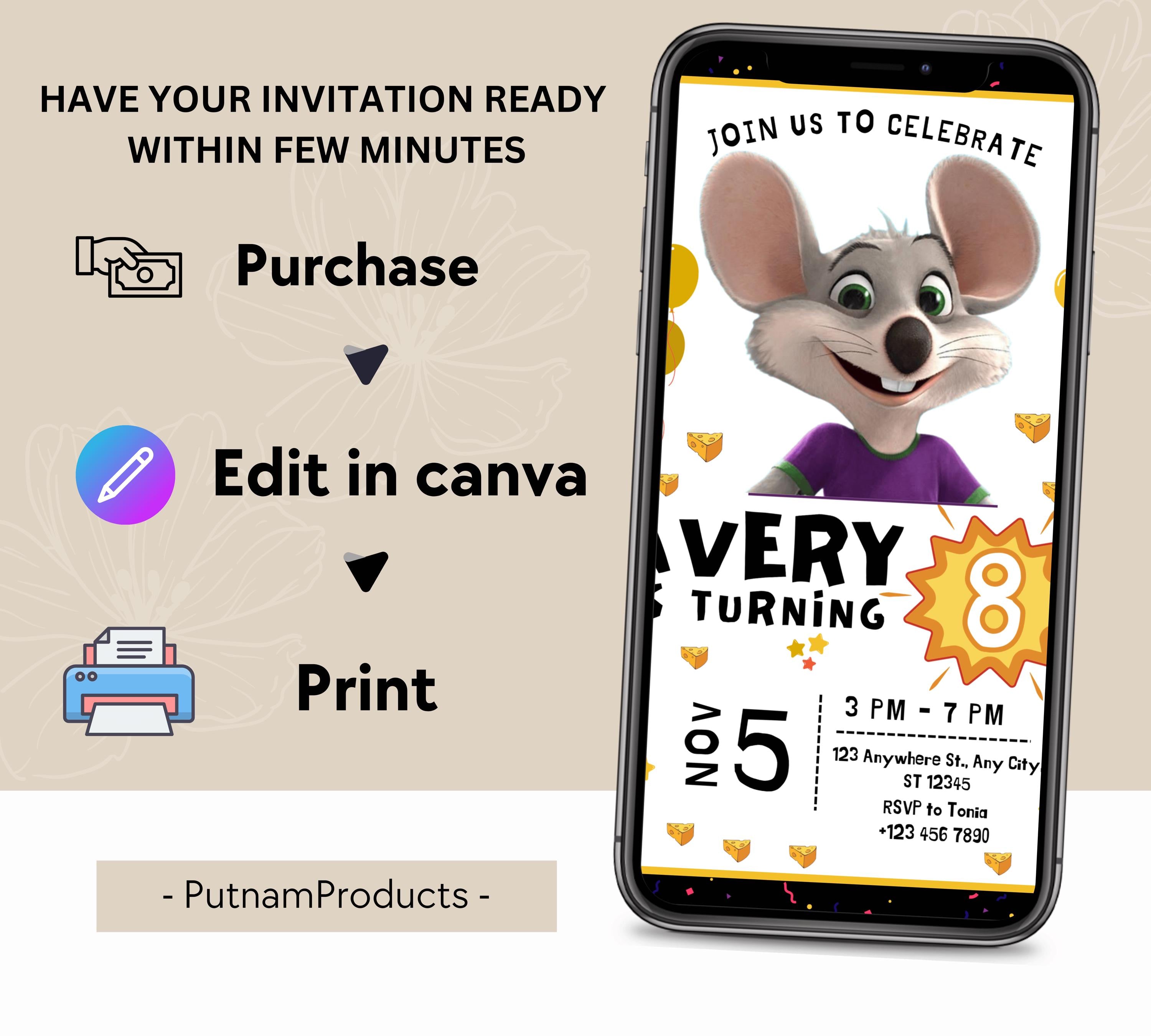 Editable Chuck E Cheese Birthday Invitation Template, Chuck Evite Printable Chuck E Cheese Party Invite, Editable in Canva Invite Template