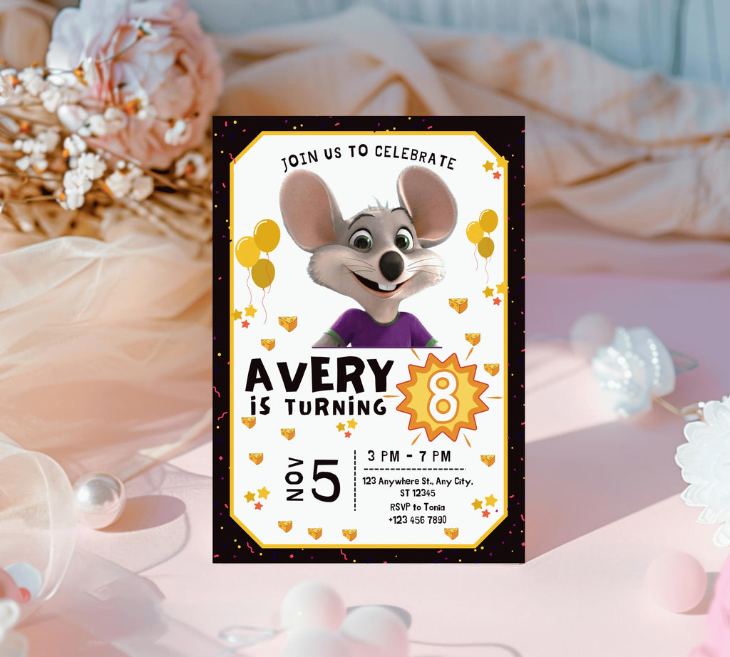 Editable Chuck E Cheese Birthday Invitation Template, Chuck Evite Printable Chuck E Cheese Party Invite, Editable in Canva Invite Template