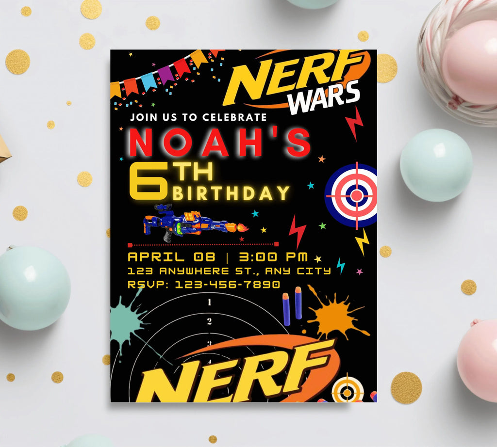 Printable birthday invite, Nerf Kid party, Neon dart birthday invitation, editable nerf invite template Kid boy birthday invitation Template