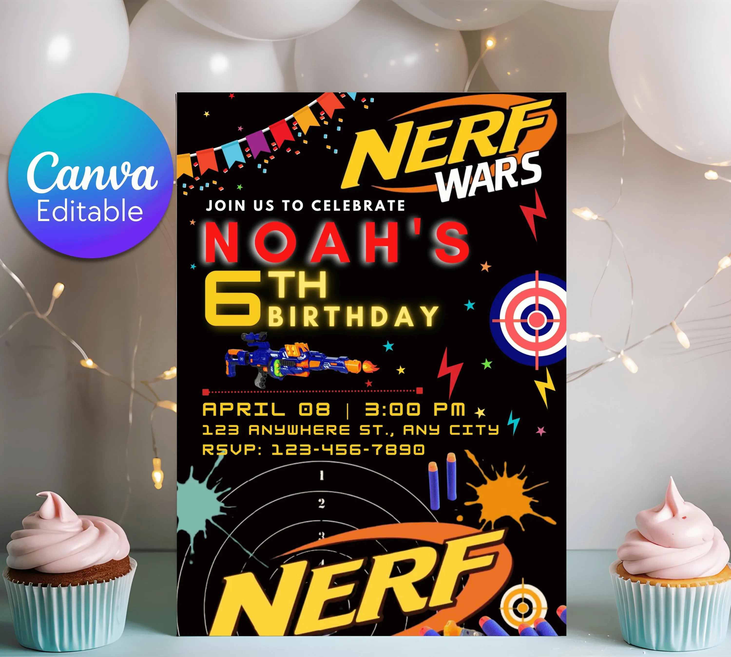 Printable birthday invite, Nerf Kid party, Neon dart birthday invitation, editable nerf invite template Kid boy birthday invitation Template
