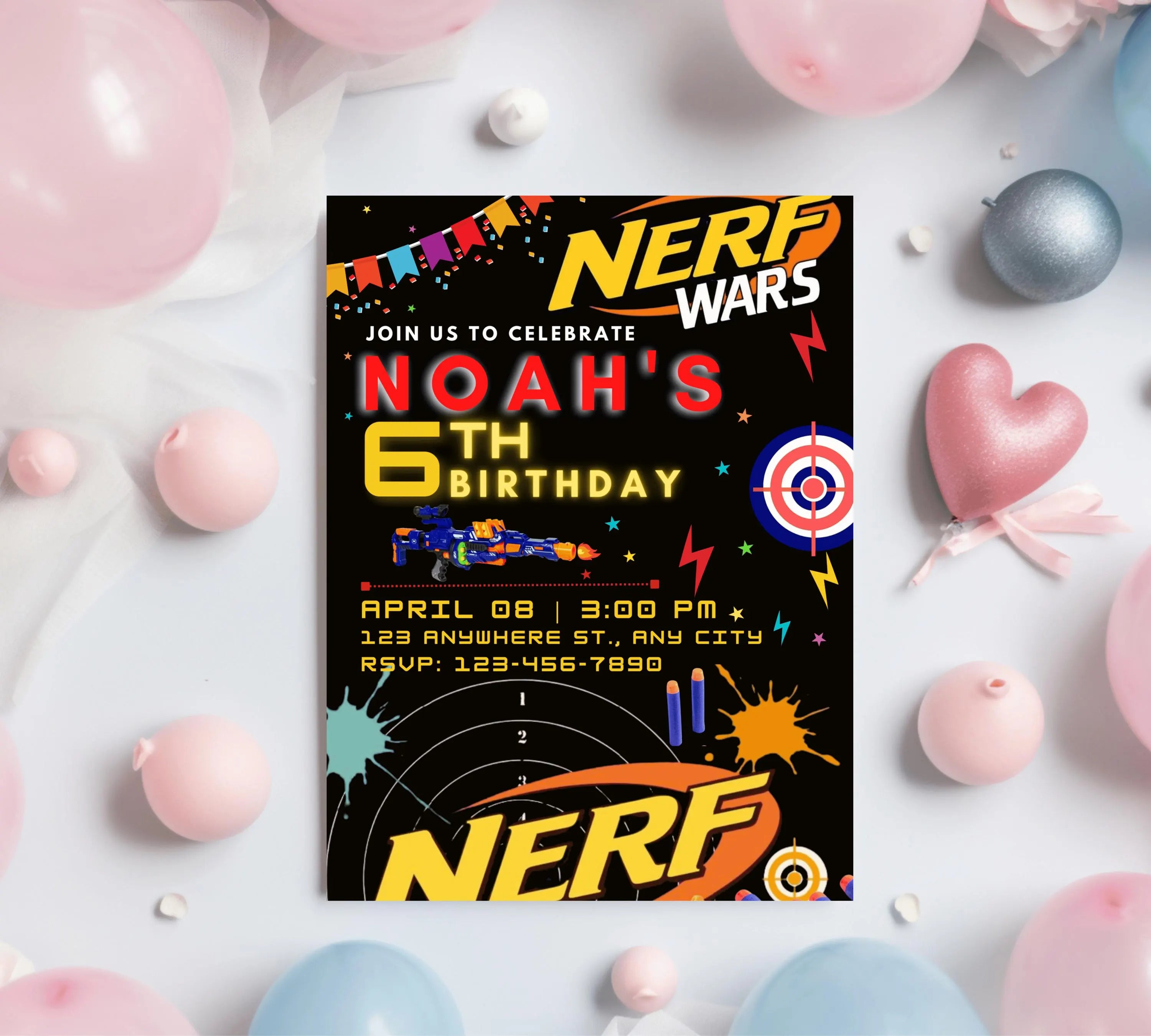 Printable birthday invite, Nerf Kid party, Neon dart birthday invitation, editable nerf invite template Kid boy birthday invitation Template