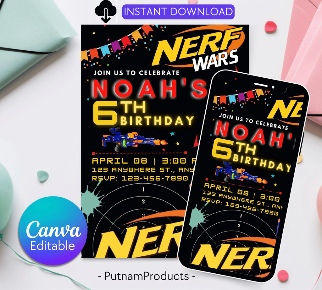 Printable birthday invite, Nerf Kid party, Neon dart birthday invitation, editable nerf invite template Kid boy birthday invitation Template
