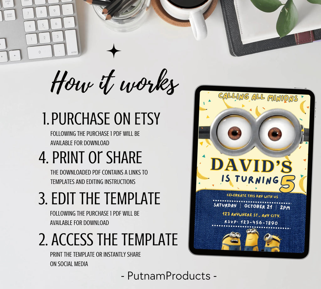 Editable Minion Birthday Invitation Template, Printable Birthday Party Invitations, invite Bday Card, Printable Minion kid birthday party