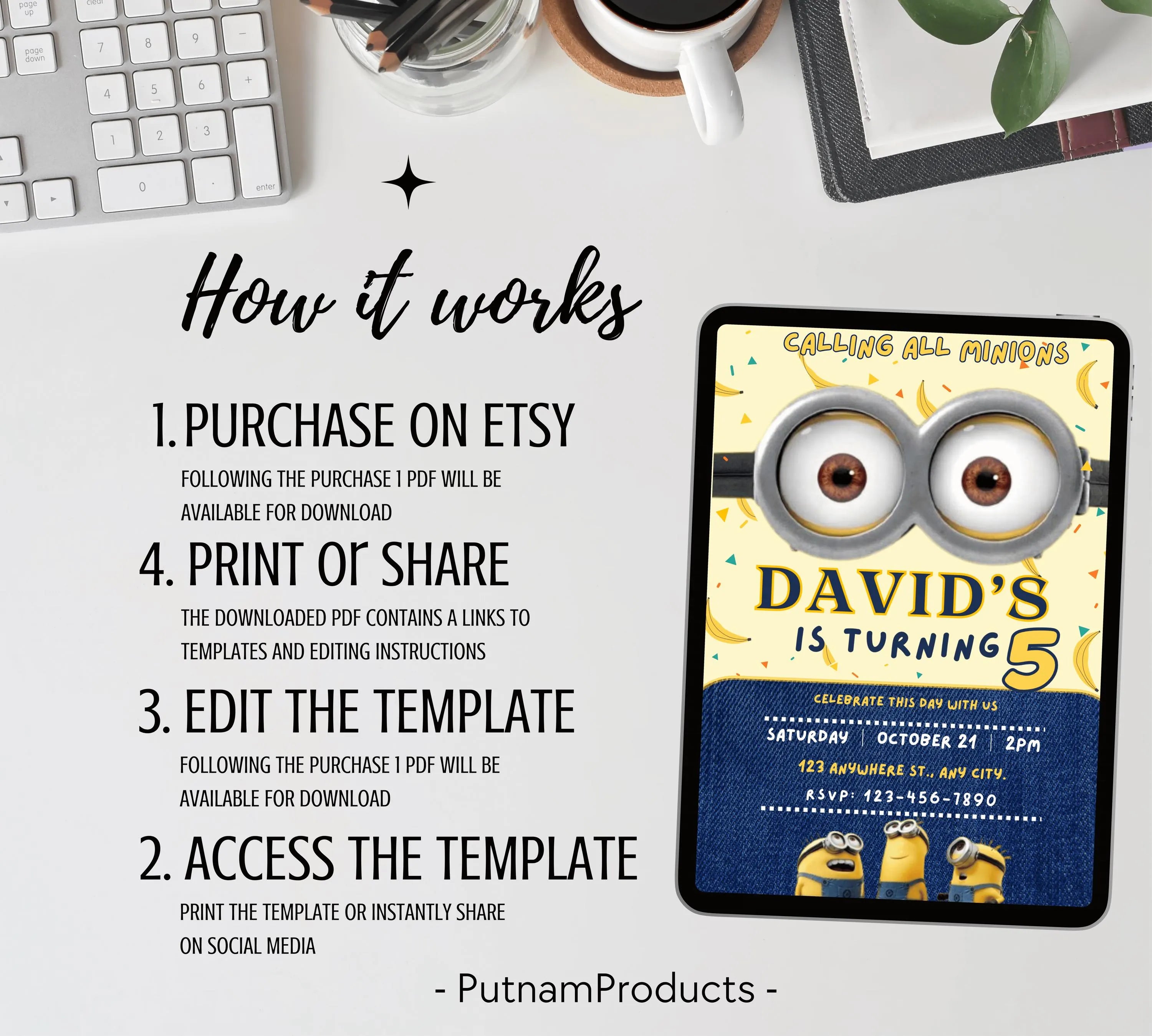 Editable Minion Birthday Invitation Template, Printable Birthday Party Invitations, invite Bday Card, Printable Minion kid birthday party