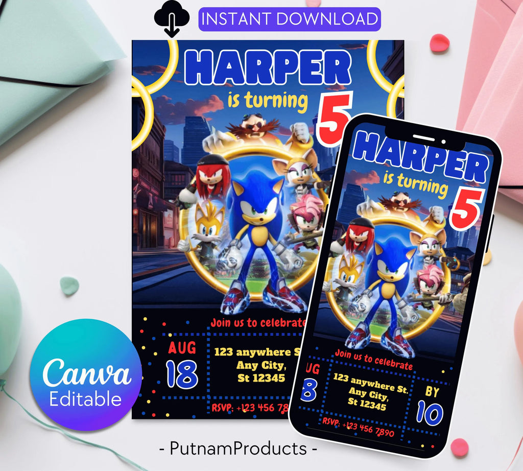Editable Sonic Birthday Invitation, Super Hedgehog Boys Party Invite, Super Sonic Birthday Invitation, Awesome! Sonic The Hedgehog Party