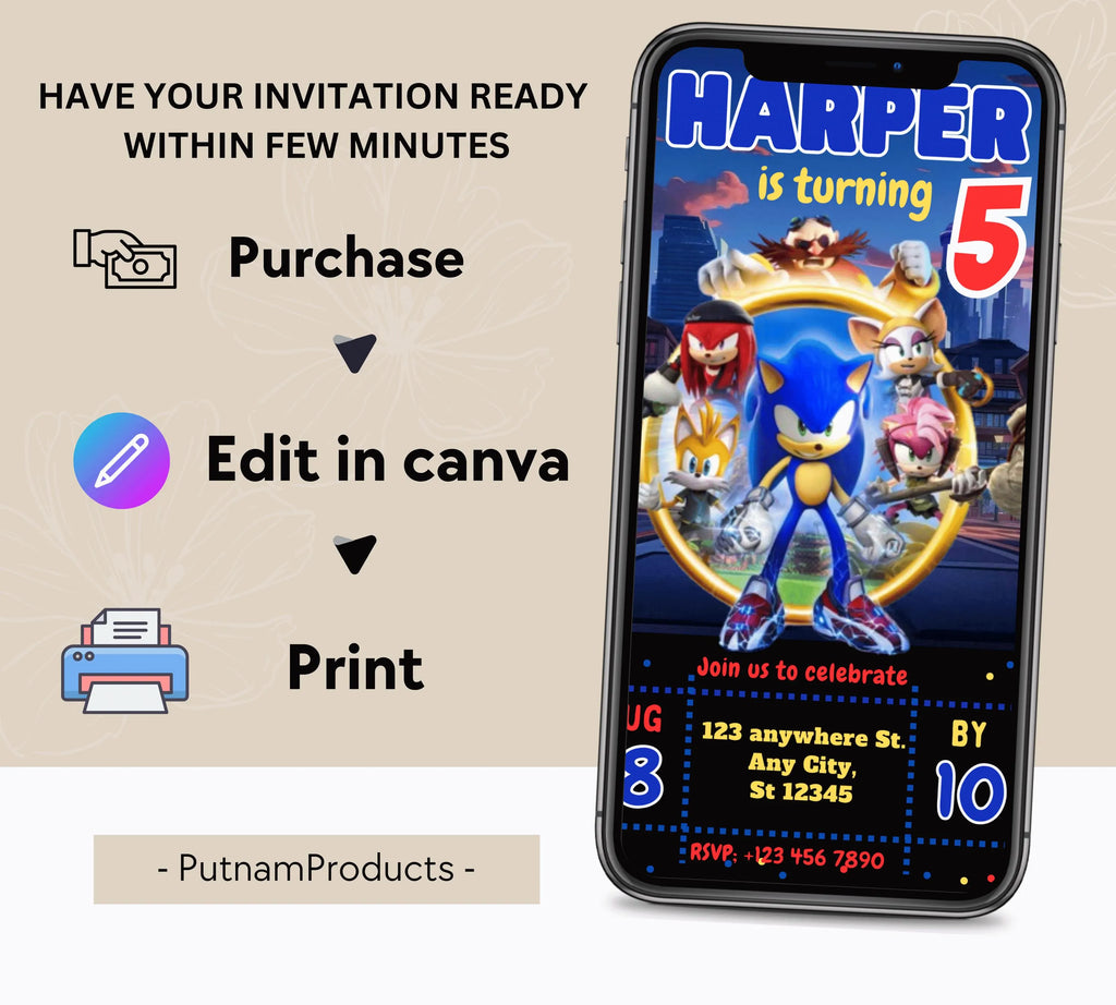 Editable Sonic Birthday Invitation, Super Hedgehog Boys Party Invite, Super Sonic Birthday Invitation, Awesome! Sonic The Hedgehog Party