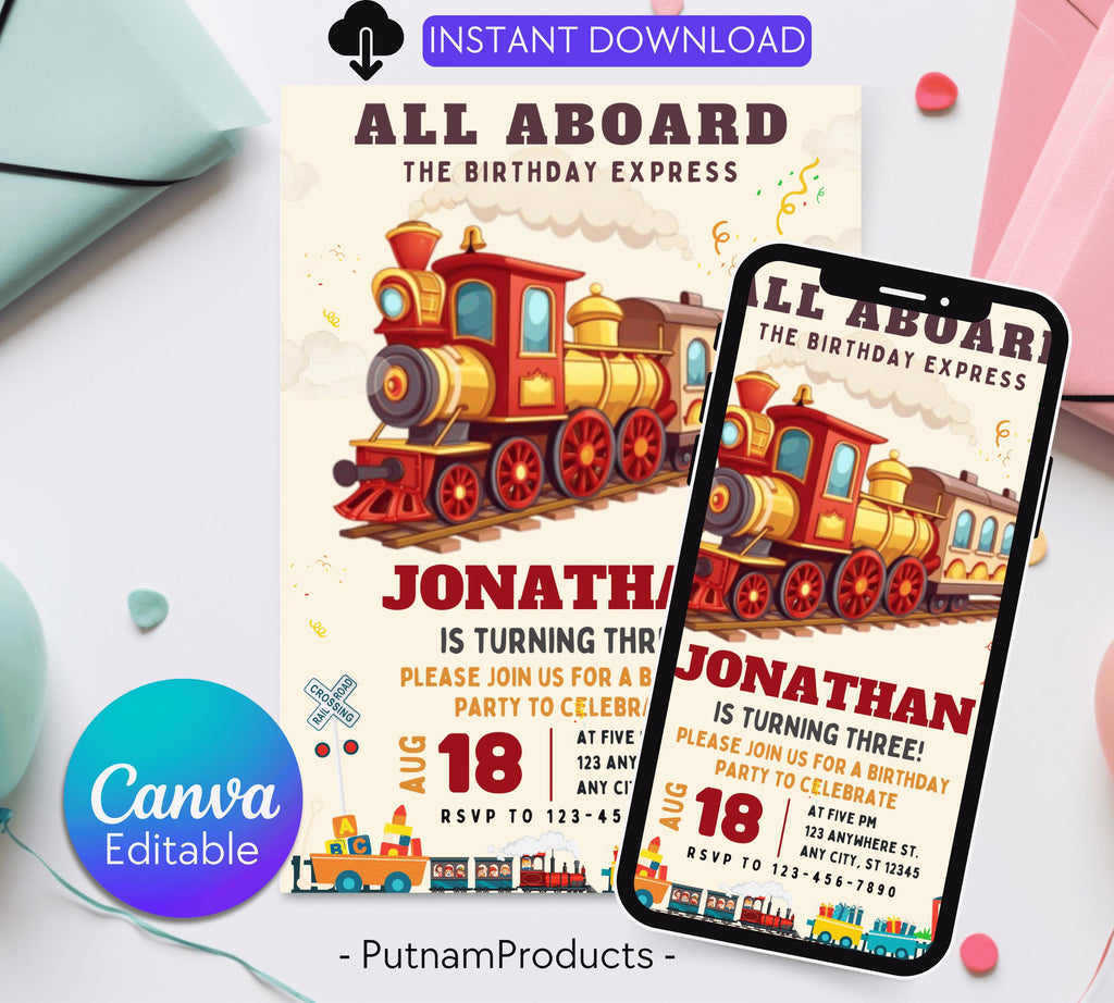 Editable Train Birthday Party Invitation for kids, Train Birthday Invite, Modern Train Invitation, Train Birthday Party Invitation Digital