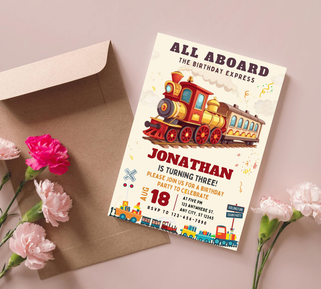 Editable Train Birthday Party Invitation for kids, Train Birthday Invite, Modern Train Invitation, Train Birthday Party Invitation Digital