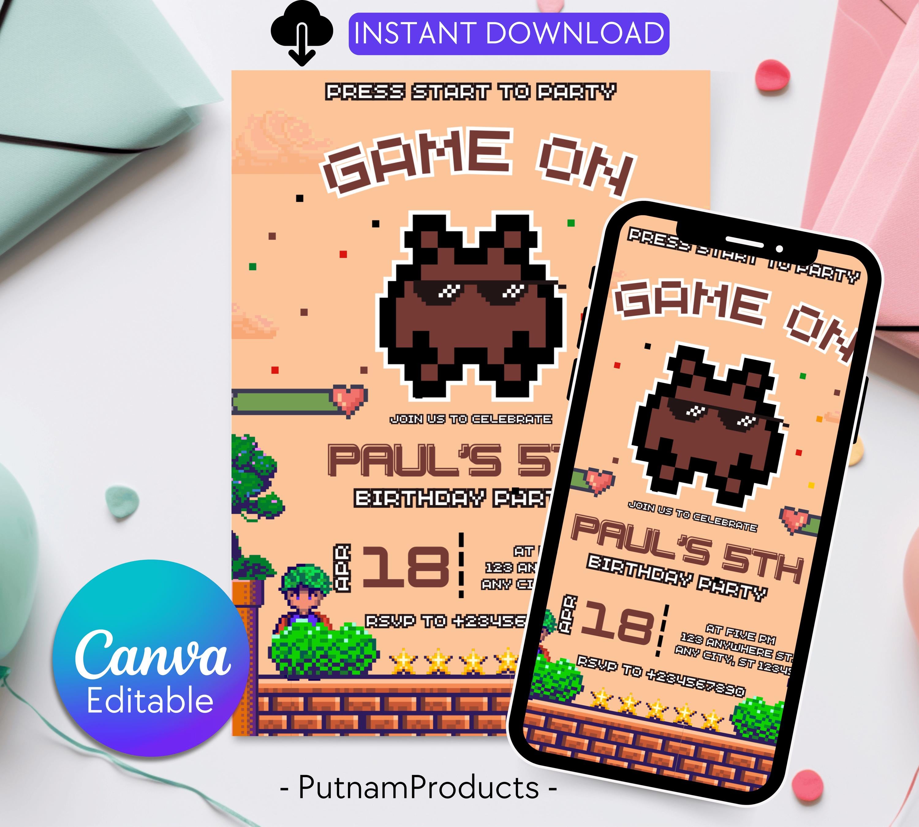 Editable Rcade Game On birthday party invitation, Editable with Canva, Printable Game on video game arcade party Video Game Party Invitation