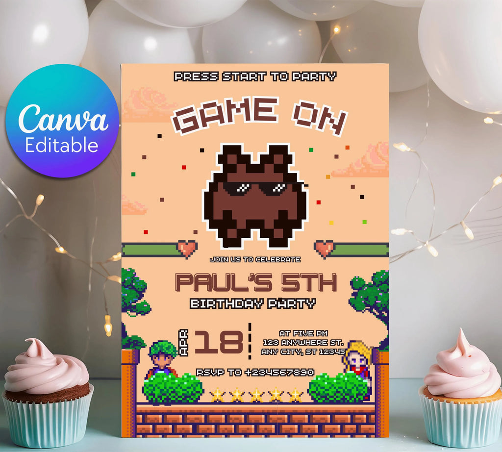 Editable Rcade Game On birthday party invitation, Editable with Canva, Printable Game on video game arcade party Video Game Party Invitation
