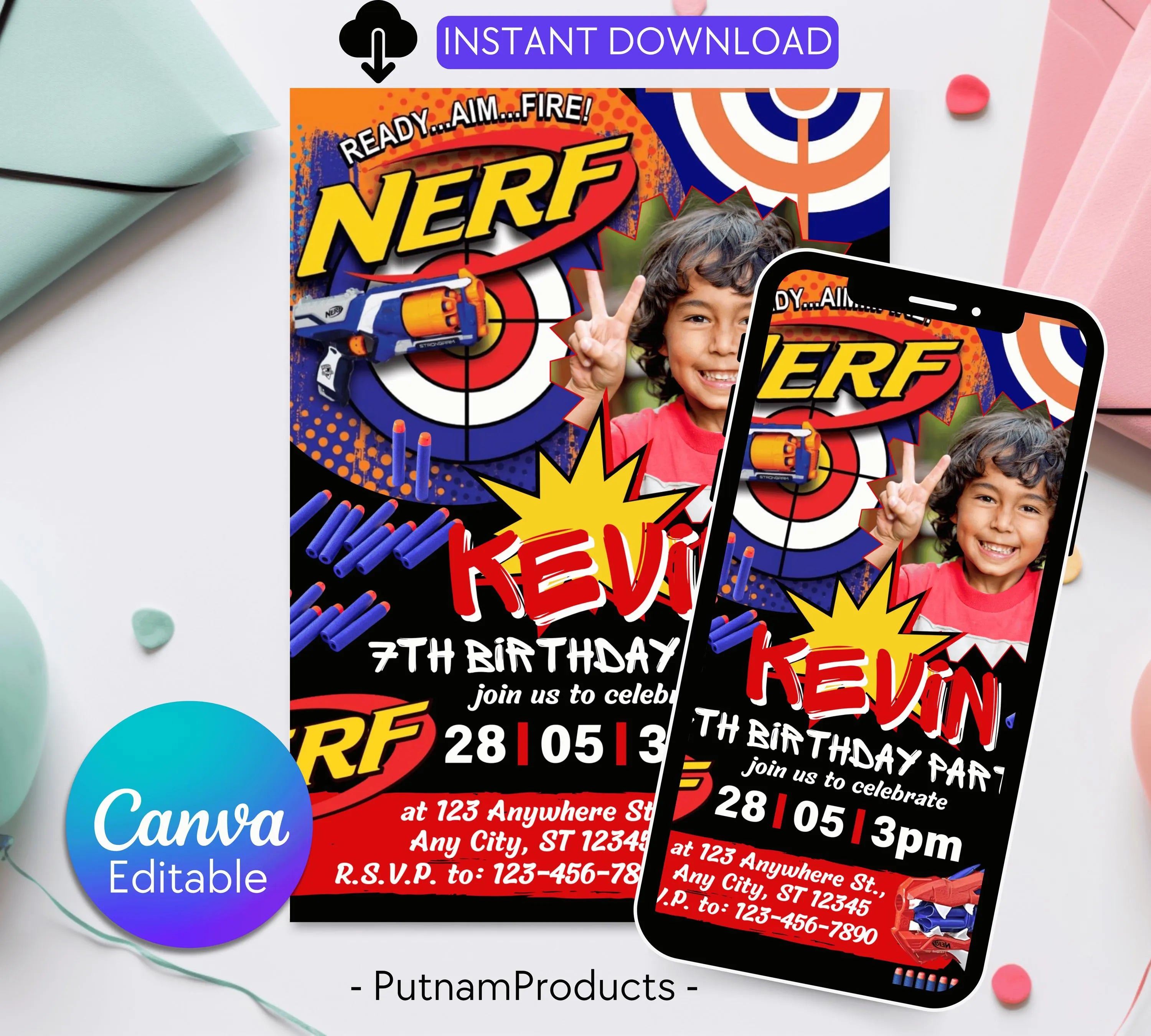 Kids Editable Nerf Birthday Invitation Template Printable Birthday Nerf Party Invitation Digital Kids Party Invite Nerf Party Template Evite