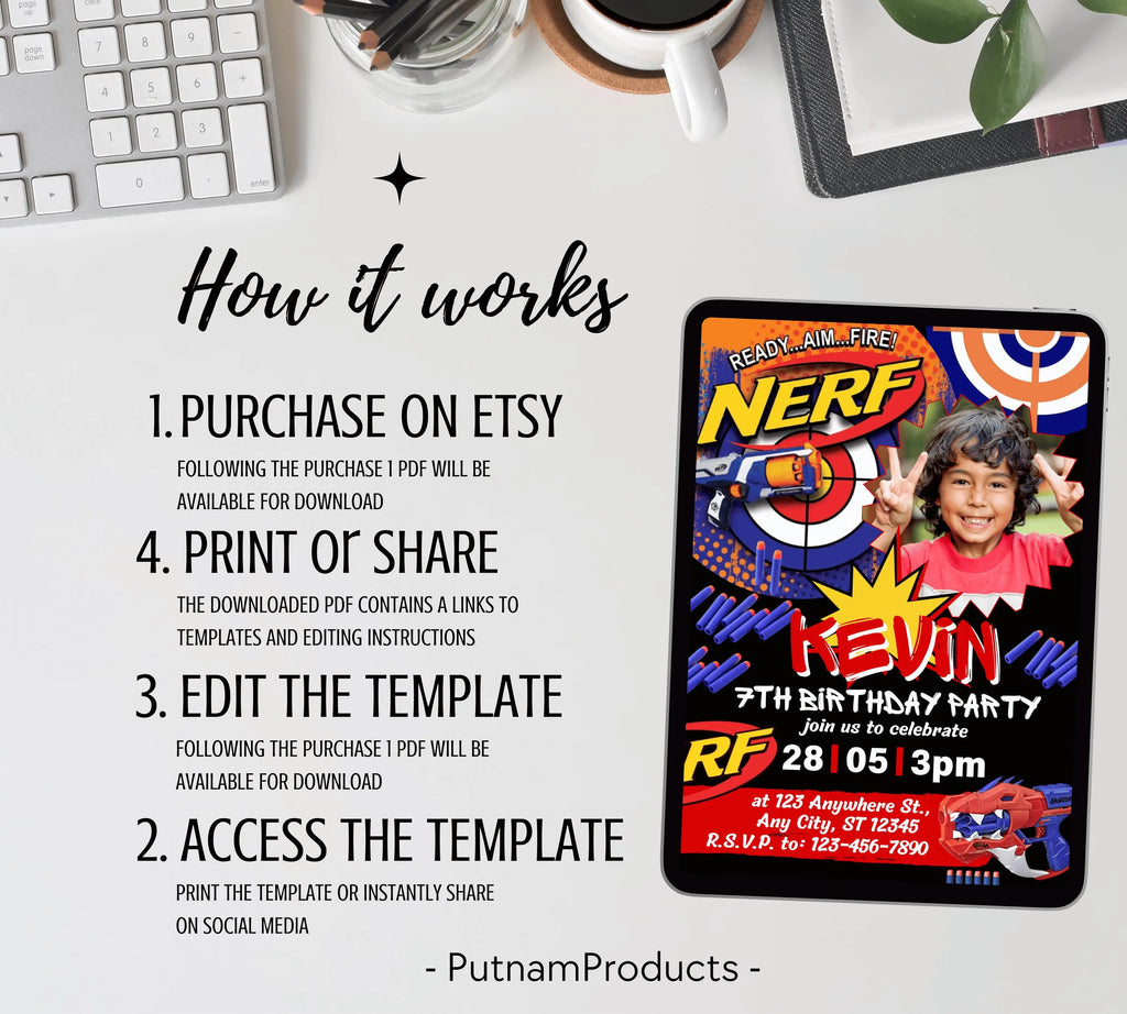 Kids Editable Nerf Birthday Invitation Template Printable Birthday Nerf Party Invitation Digital Kids Party Invite Nerf Party Template Evite