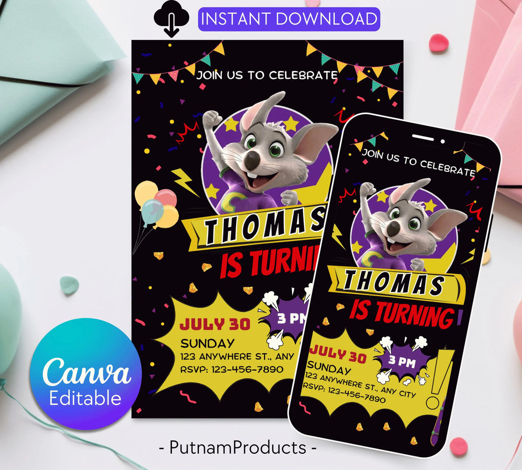 Editable Chuck E Cheese Birthday Invitation Template Chuck Invite Printable Chuck Cheese Party Invite Editable Digital Kids Party Invitation