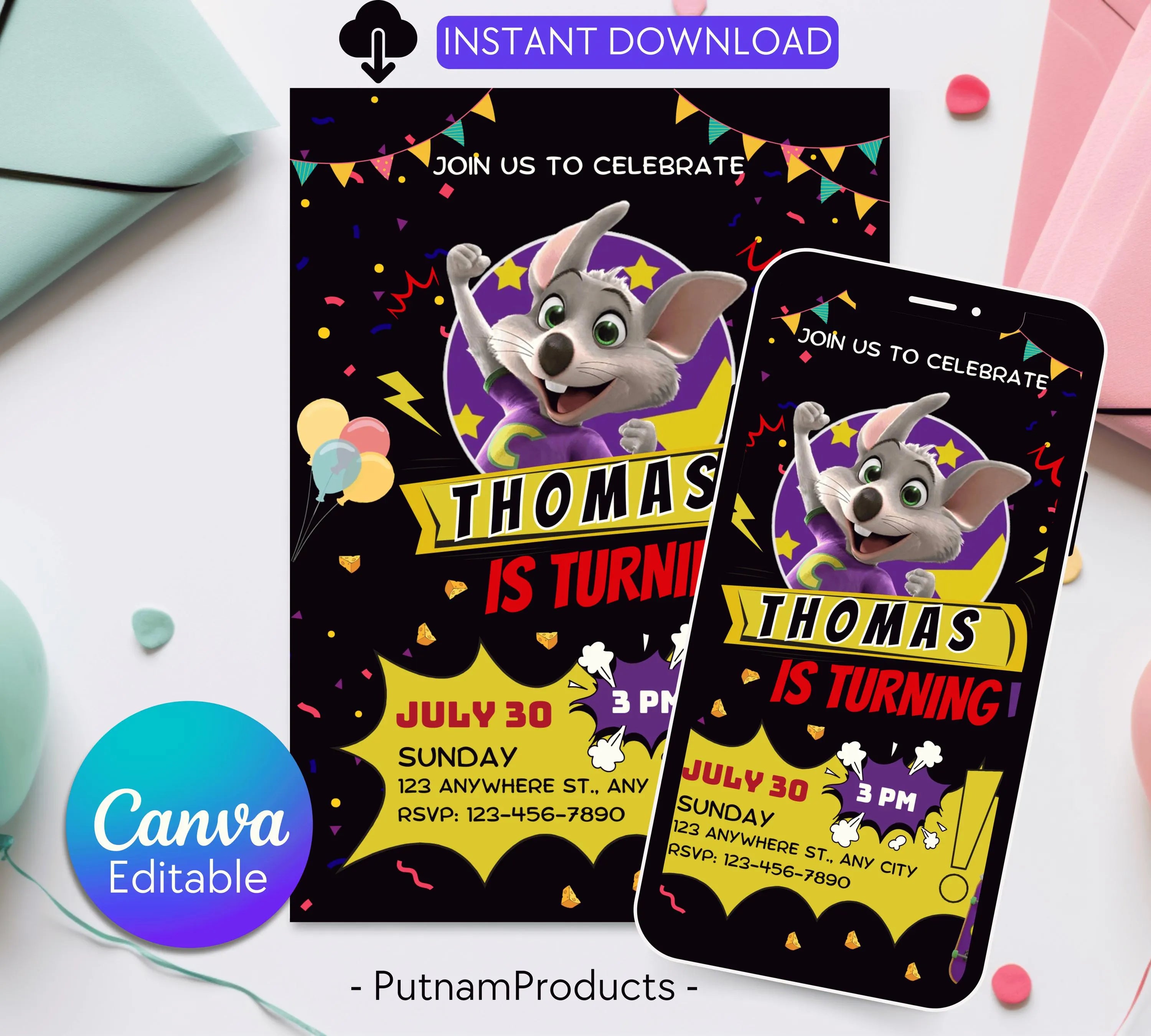 Editable Chuck E Cheese Birthday Invitation Template Chuck Invite Printable Chuck Cheese Party Invite Editable Digital Kids Party Invitation