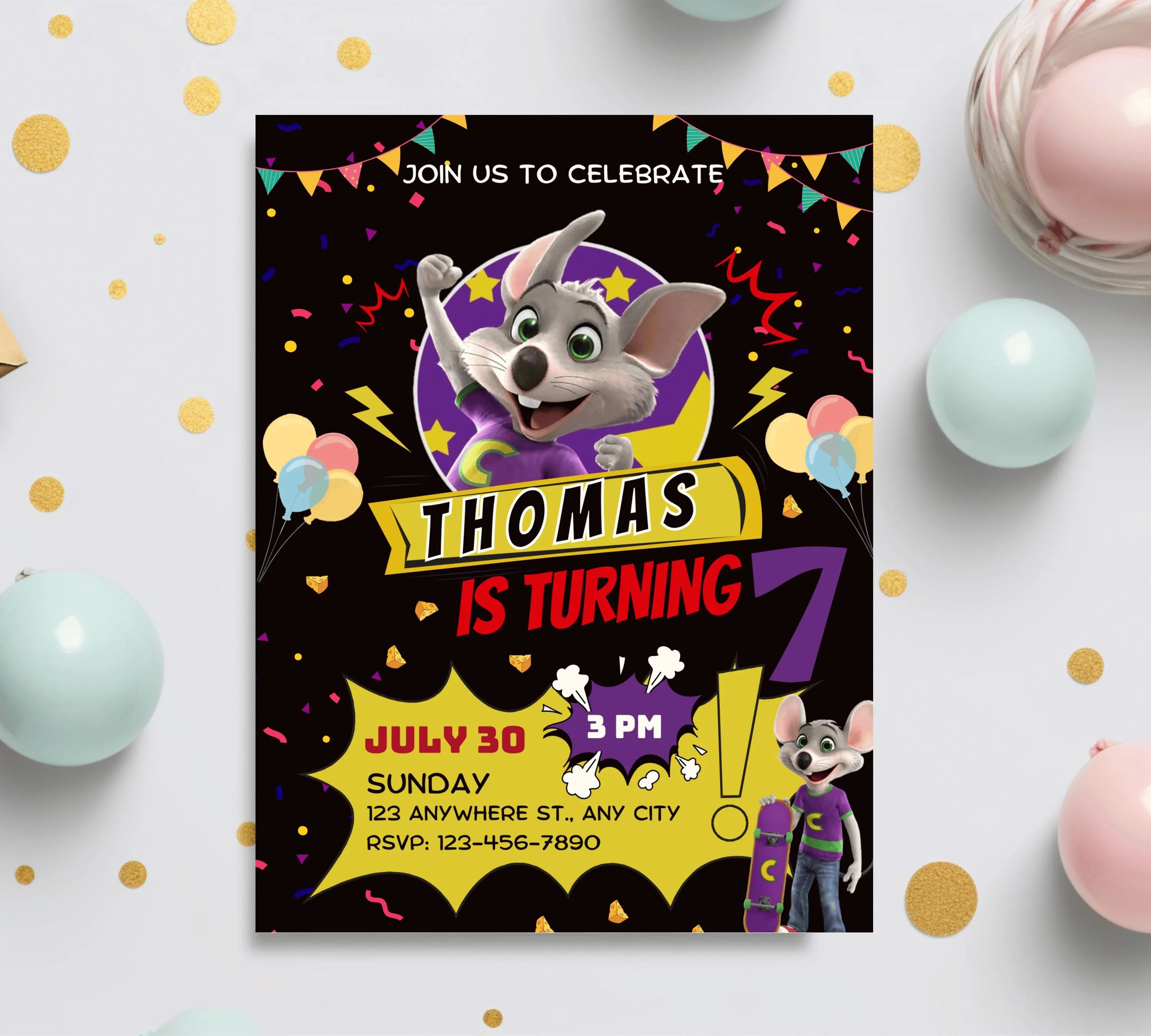 Editable Chuck E Cheese Birthday Invitation Template Chuck Invite Printable Chuck Cheese Party Invite Editable Digital Kids Party Invitation
