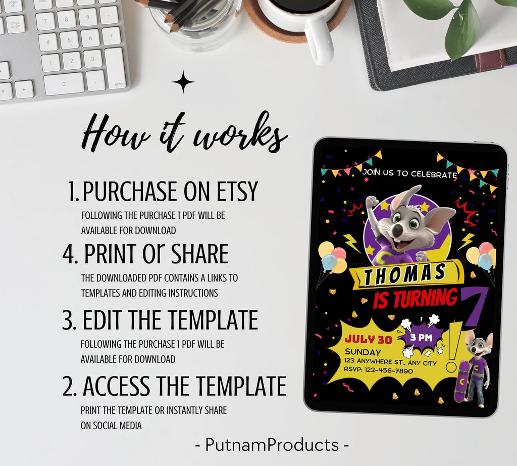 Editable Chuck E Cheese Birthday Invitation Template Chuck Invite Printable Chuck Cheese Party Invite Editable Digital Kids Party Invitation