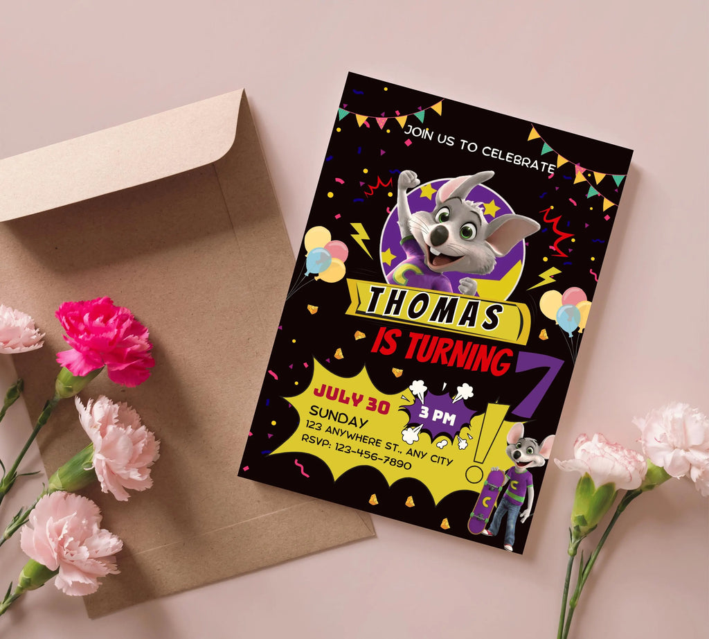 Editable Chuck E Cheese Birthday Invitation Template Chuck Invite Printable Chuck Cheese Party Invite Editable Digital Kids Party Invitation