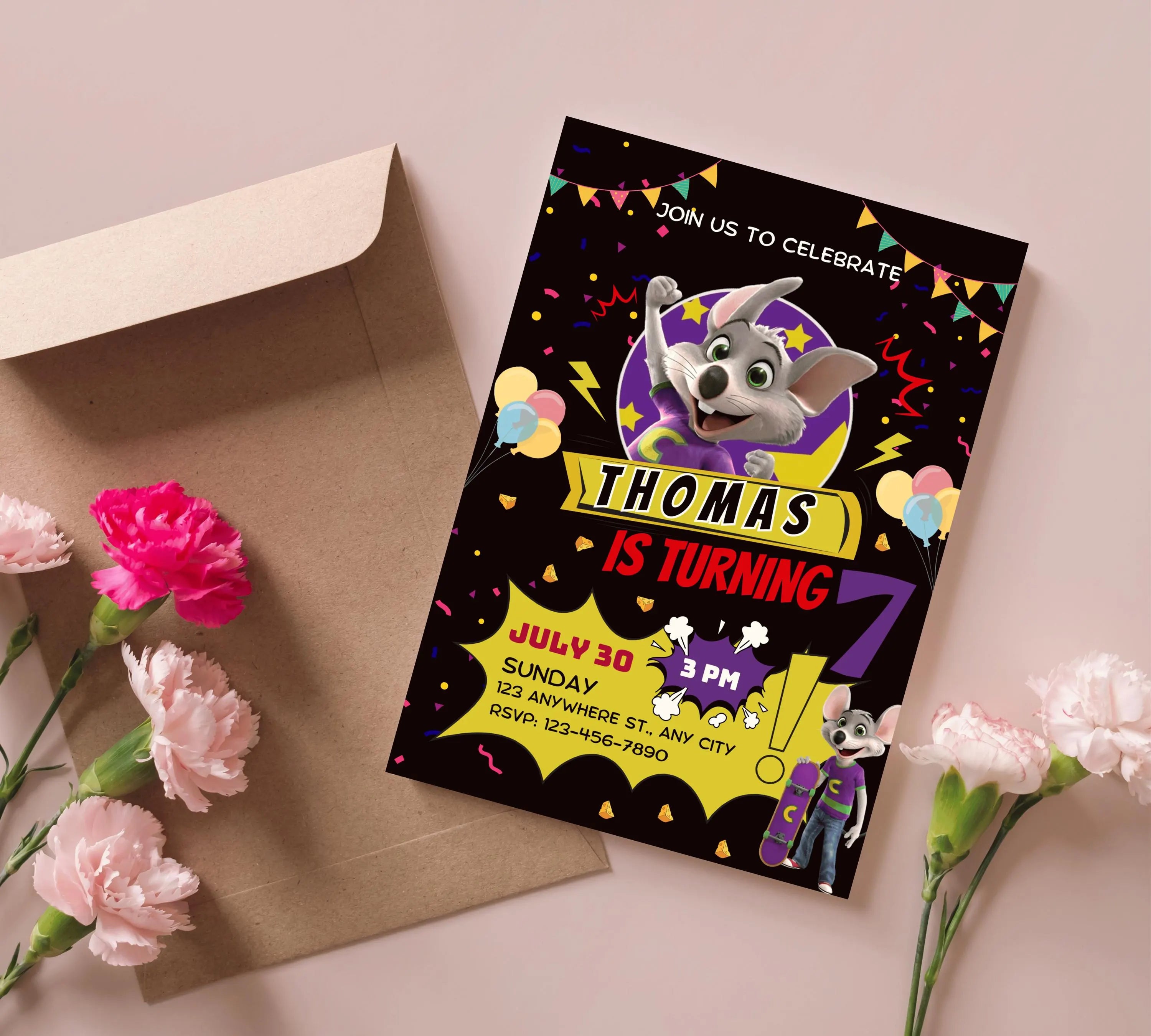 Editable Chuck E Cheese Birthday Invitation Template Chuck Invite Printable Chuck Cheese Party Invite Editable Digital Kids Party Invitation