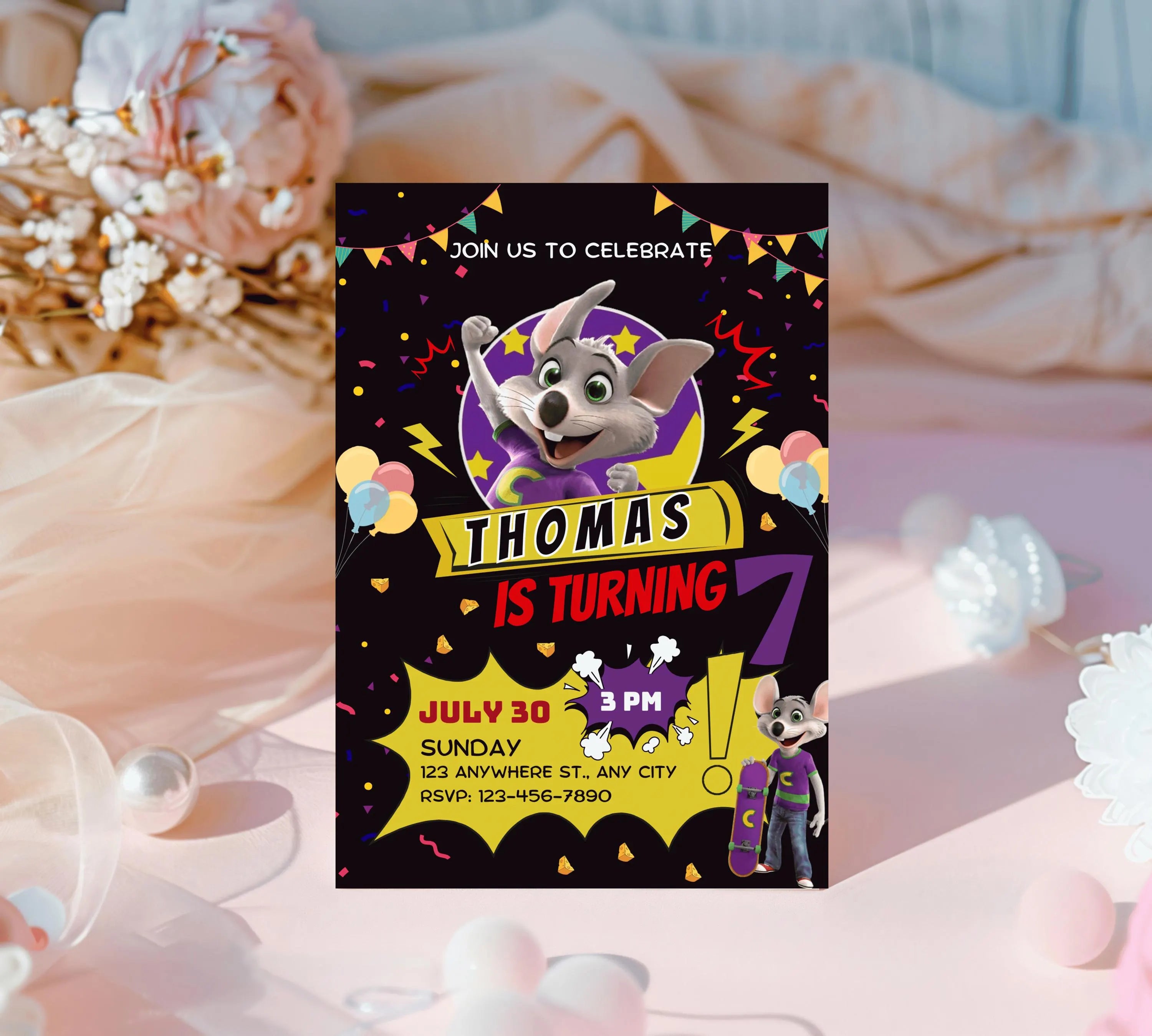 Editable Chuck E Cheese Birthday Invitation Template Chuck Invite Printable Chuck Cheese Party Invite Editable Digital Kids Party Invitation