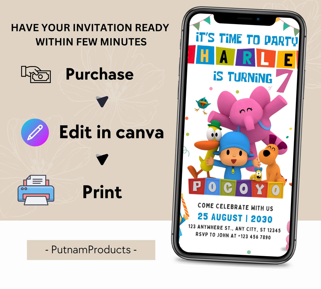 Editable Pocoyo Birthday invitation Pocoyo Invitation Pocoyo Party Kids Invite Printable and Editable Digital Kids Birthday Party Template