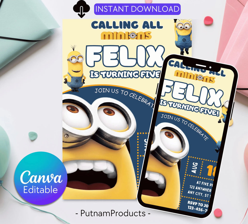 Printable Minion kid birthday party invitation template Boy birthday party invite Minion themed any age Digital Kids Party Invite Template