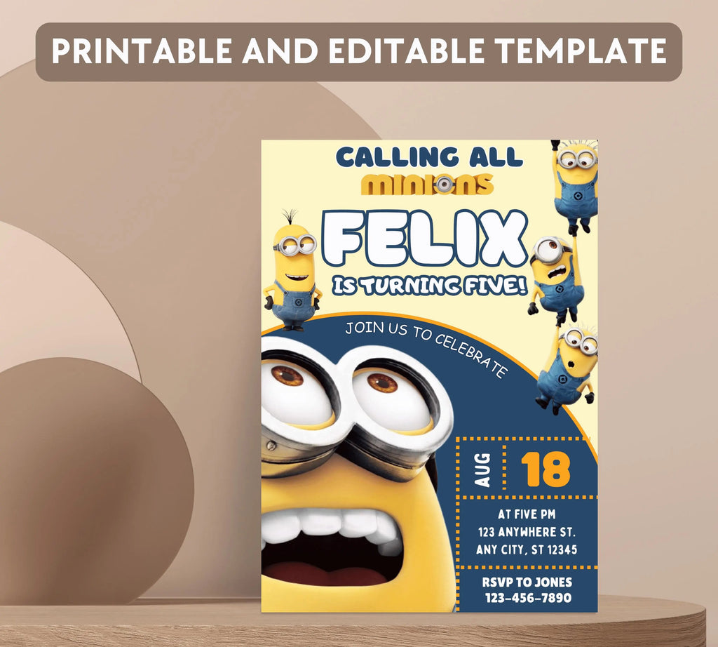 Printable Minion kid birthday party invitation template Boy birthday party invite Minion themed any age Digital Kids Party Invite Template